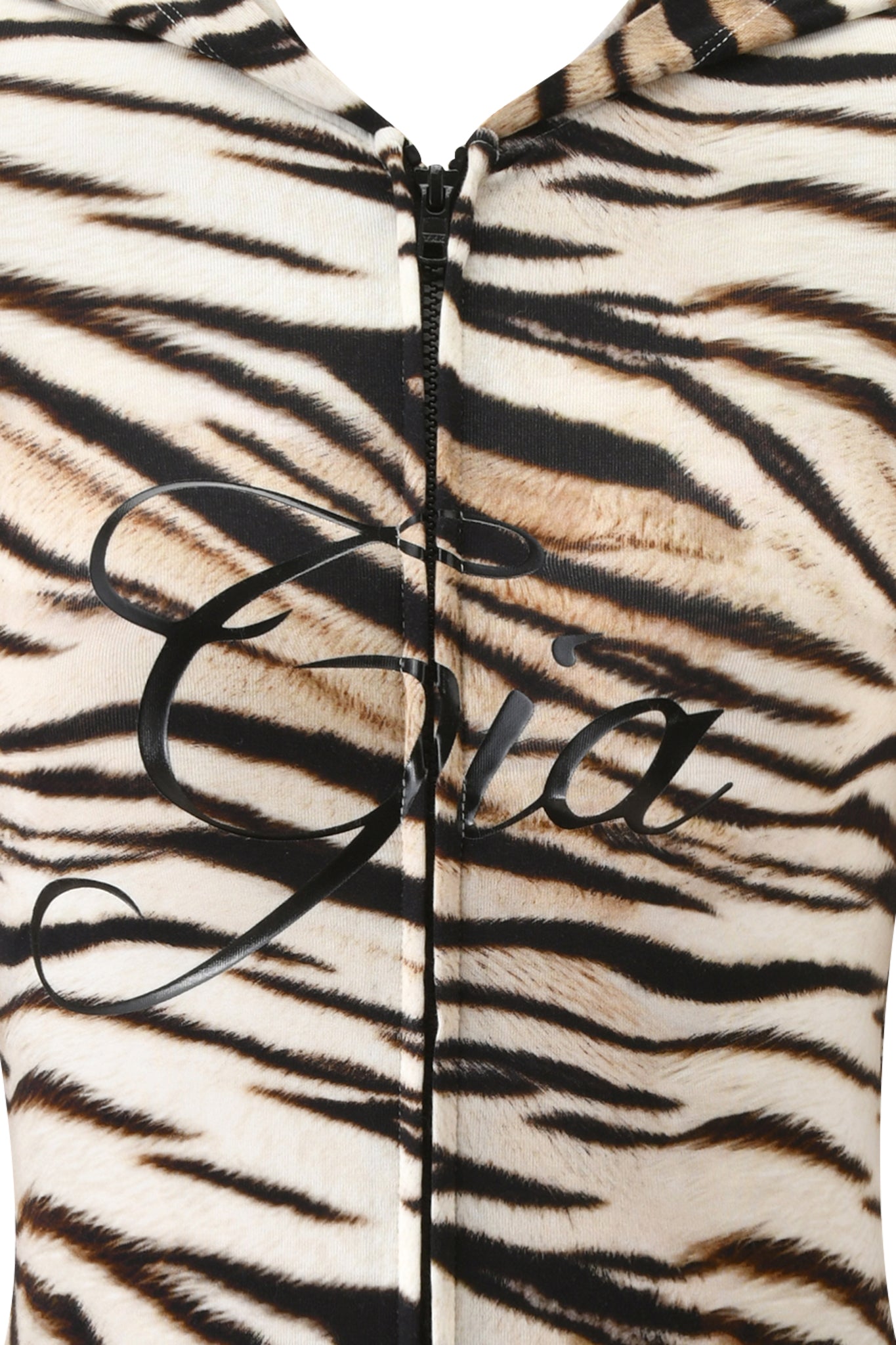 Close-up of the I.AM.GIA BLARE HOODIE - LIGHT TIGRESS featuring a tiger print, black center zipper, and “Gia” in black script across the chest.