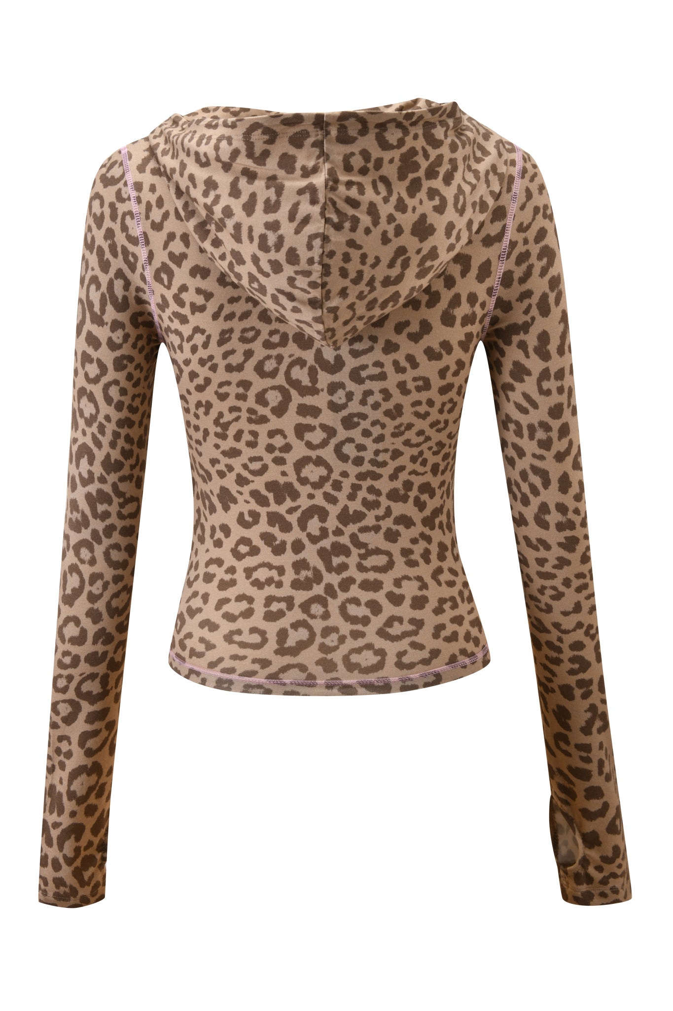 The I.AM.GIA BLARE HOODIE - MOCHA LEOPARD showcases a fitted, cropped silhouette in lightweight bamboo with a mocha leopard print, long sleeves, visible seams, and a back view.