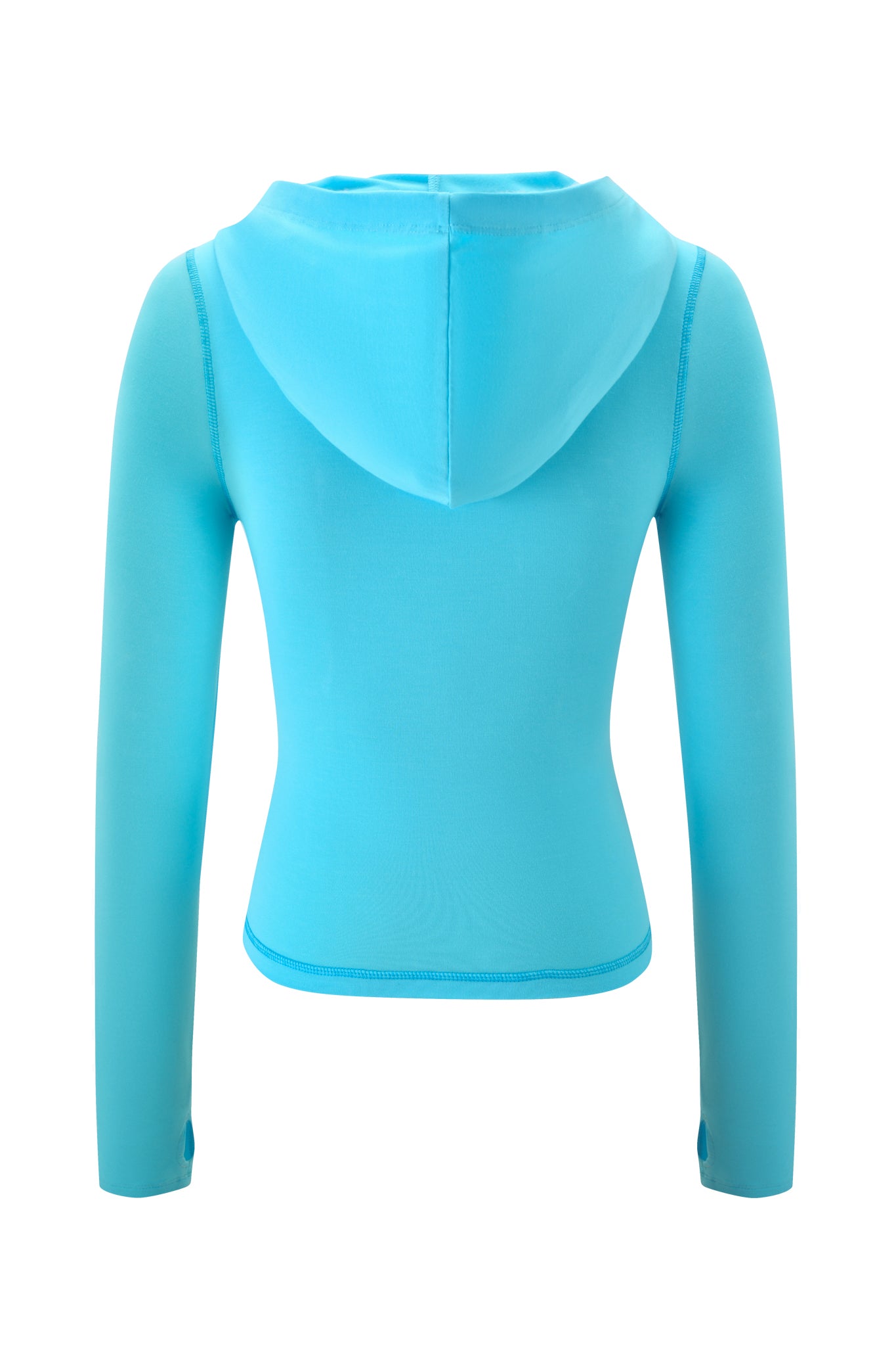The I.AM.GIA BLARE HOODIE in neon blue features a bodycon fit, long sleeves, cropped hem, and fitted hood. Shown from the back against a white background for a sleek, modern look.