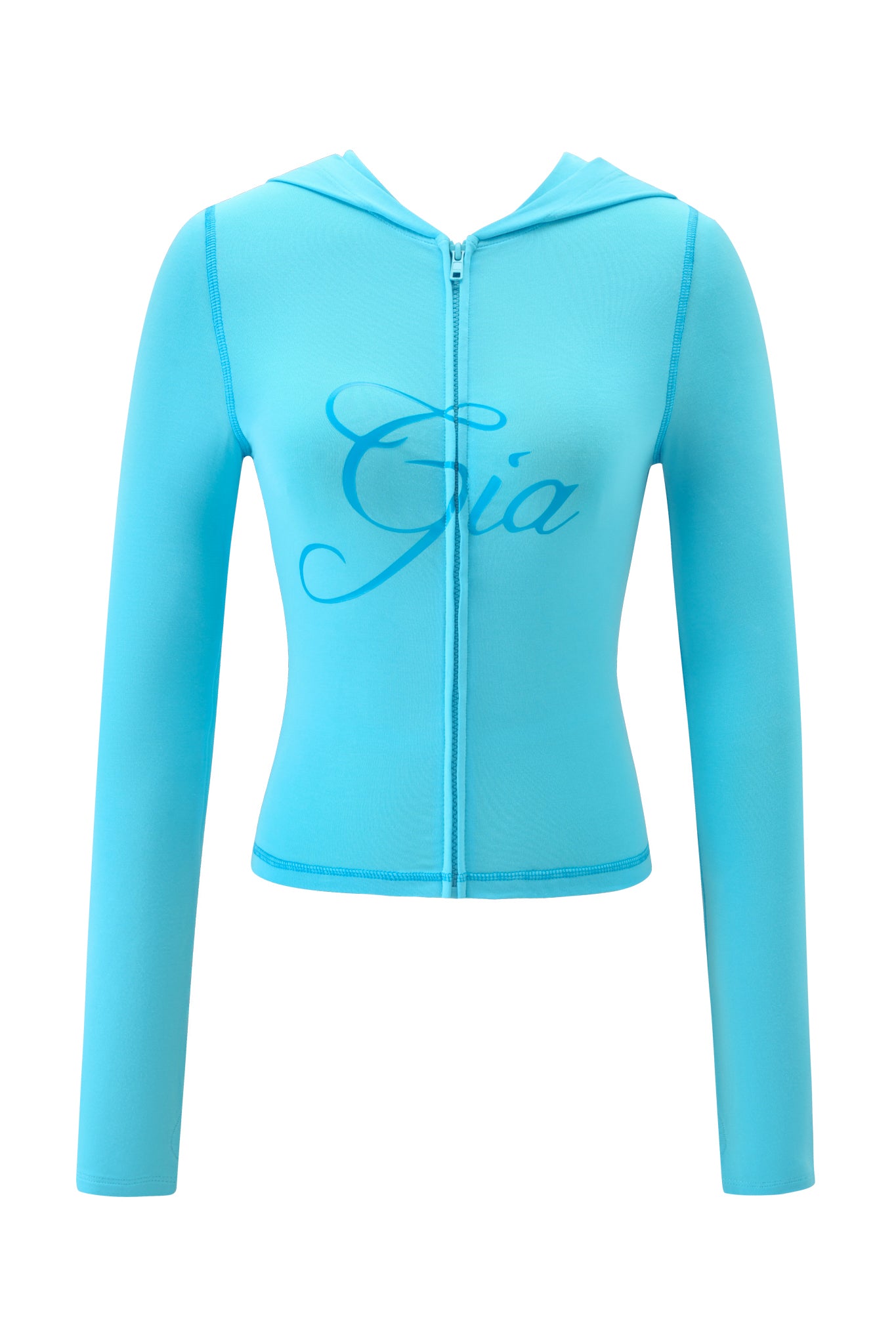 The BLARE HOODIE - NEON BLUE by I.AM.GIA is a neon blue, long-sleeve zip-up hoodie with "Gia" in elegant script on the chest, featuring a bodycon fit and shown against a plain white background.