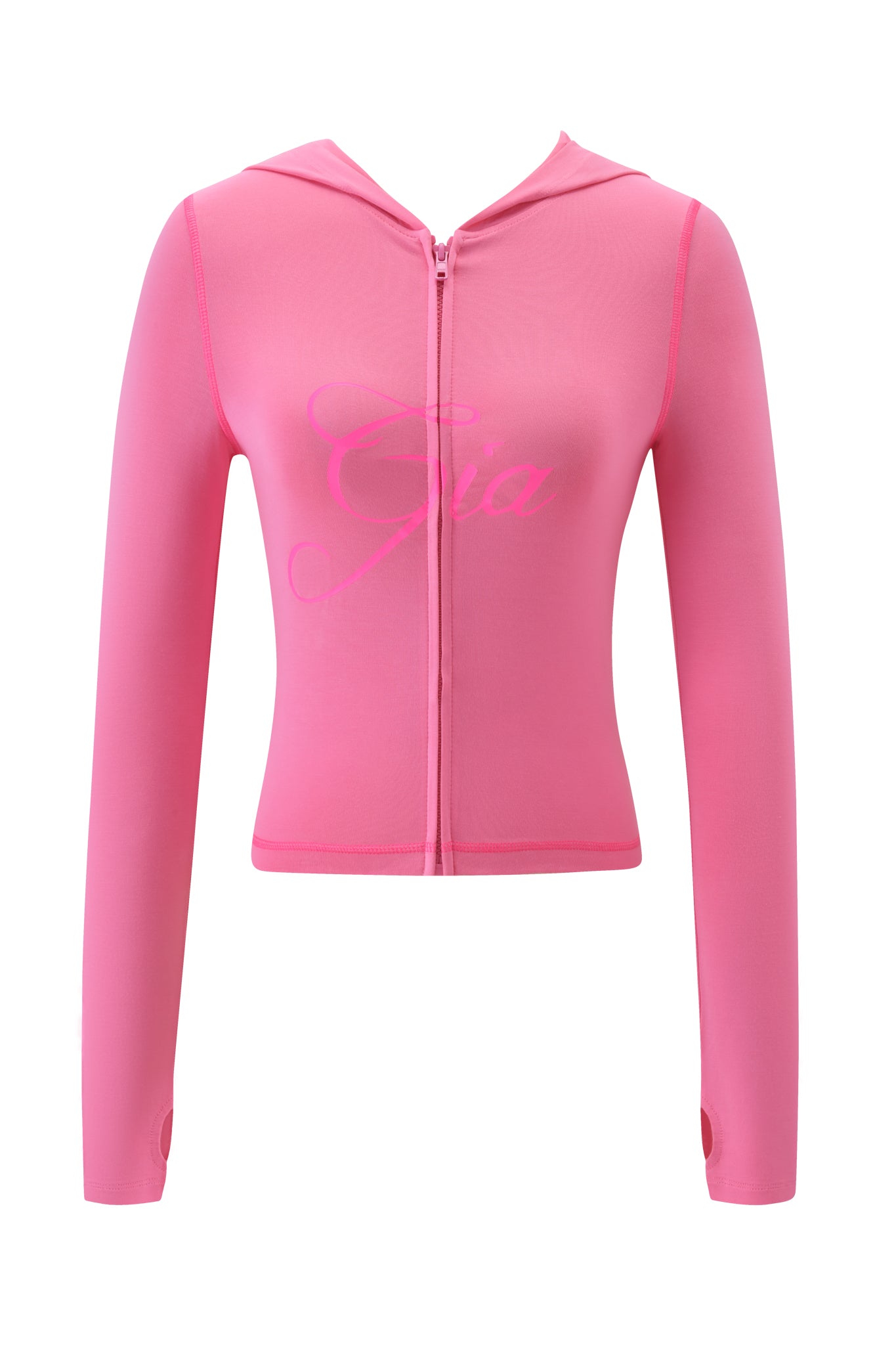 The BLARE HOODIE - NEON PINK by I.AM.GIA is a neon pink, long-sleeve cropped hoodie with a bodycon fit, front zipper, and "Gia" in cursive on the chest—ideal for bold, standout style.