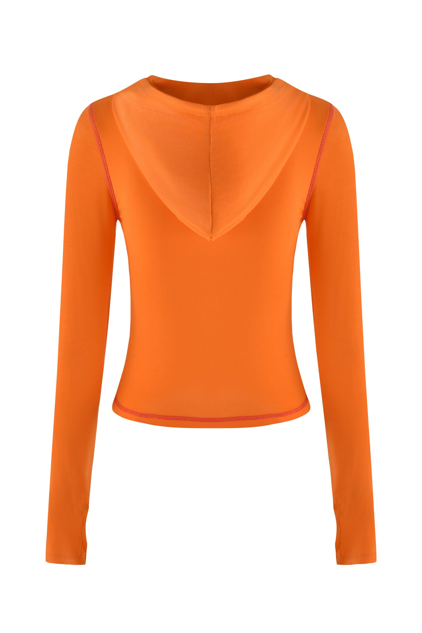 The back view of the I.AM.GIA BLARE HOODIE - ORANGE showcases a long-sleeve, cropped fit crafted from bamboo fabric with a simple design and red stitching along the seams, blending eco-friendliness and style.
