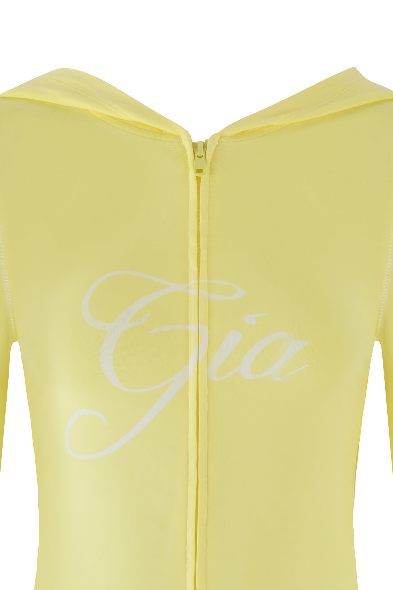 The BLARE HOODIE - YELLOW by I.AM.GIA features a front zipper and thumb-hole cut-outs, with "Gia" elegantly written in white cursive across the chest.