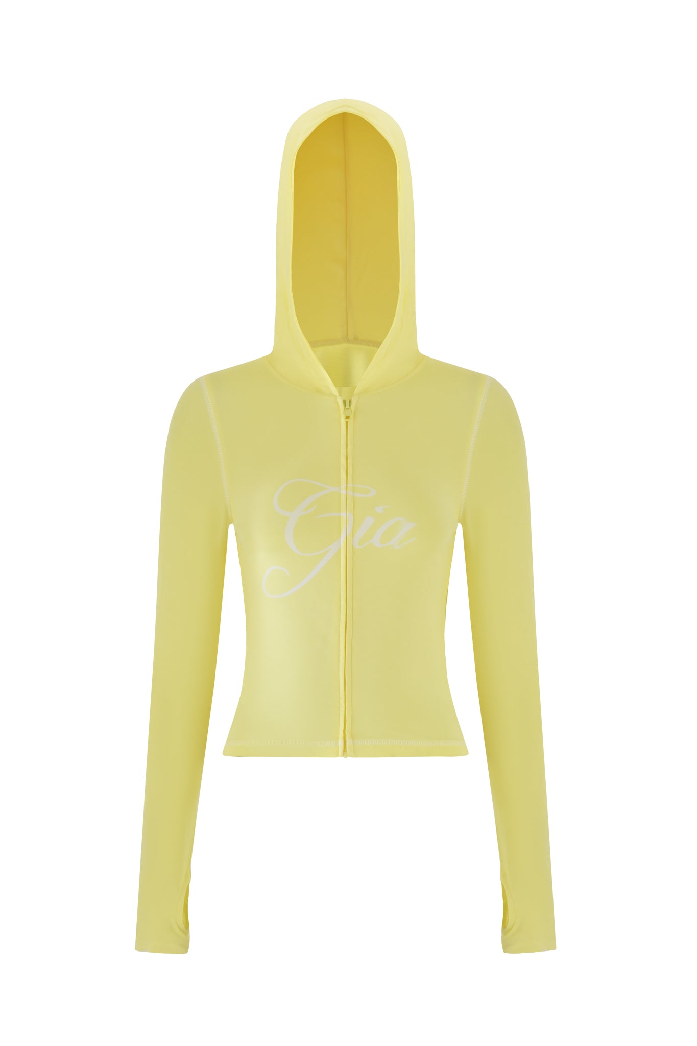 The BLARE HOODIE - YELLOW by I.AM.GIA is a stretchy bamboo hoodie with long sleeves, thumb-hole cut-outs for comfort, and "Gia" in white script on the chest against a plain pale yellow background.