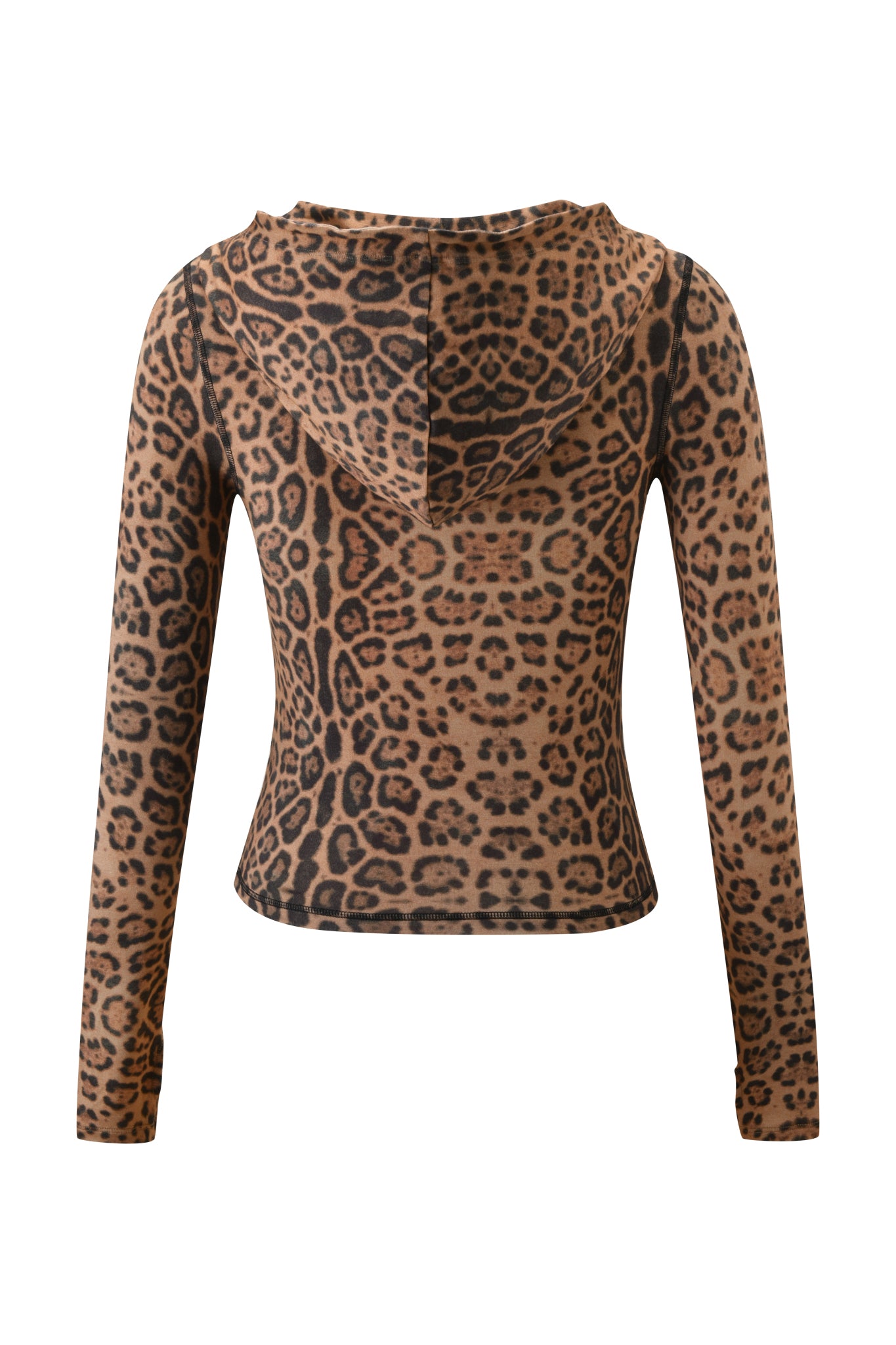 The BLARE HOODIE - PANTHERA by I.AM.GIA is a long-sleeved, hooded top with a brown and black cheetah print, crafted from soft bamboo viscose and shown here from the back.