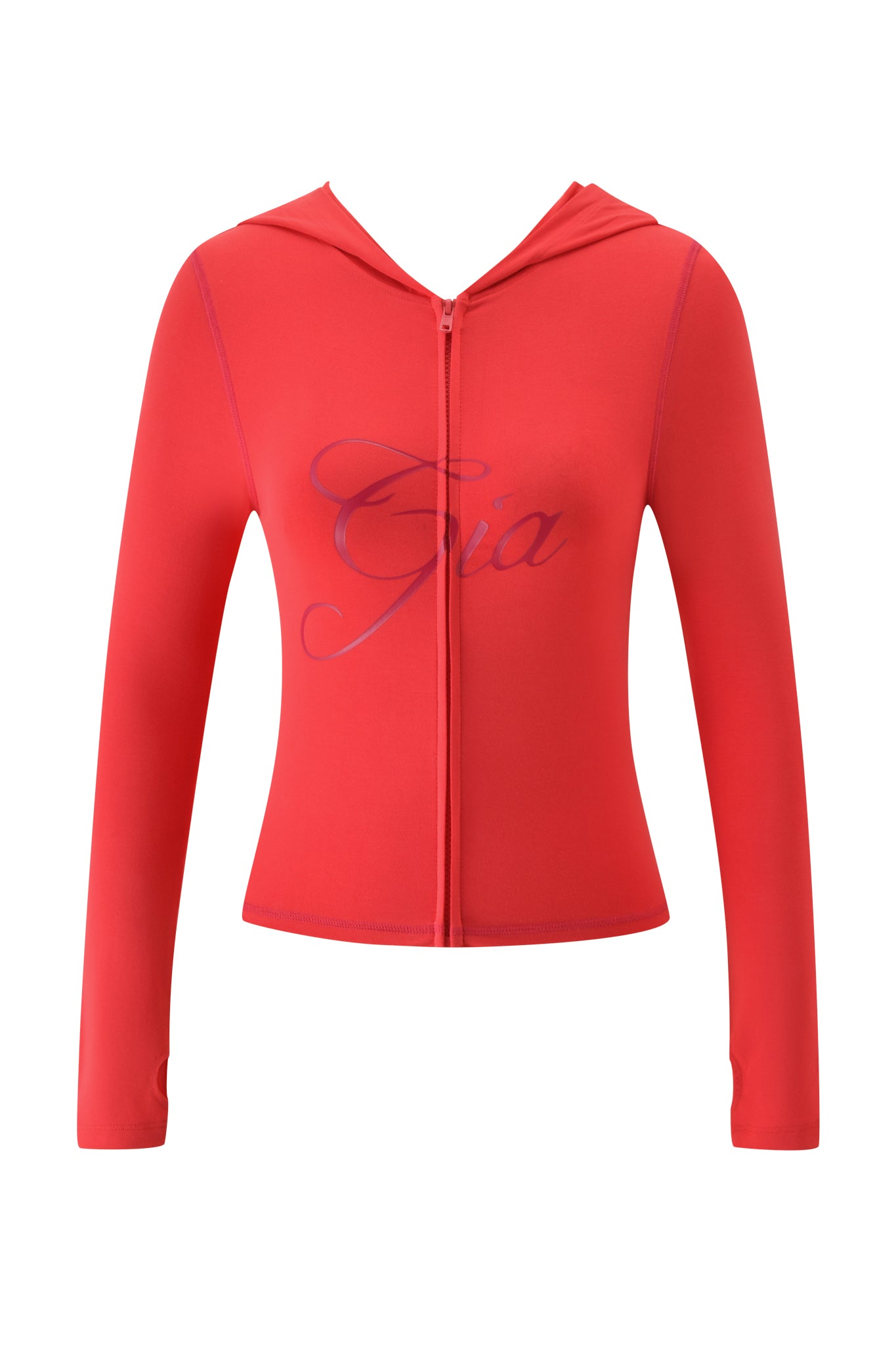 The BLARE HOODIE - PAPAYA by I.AM.GIA is a fitted, long-sleeve red zip-up hoodie featuring a hood and "Gia" scripted across the chest.
