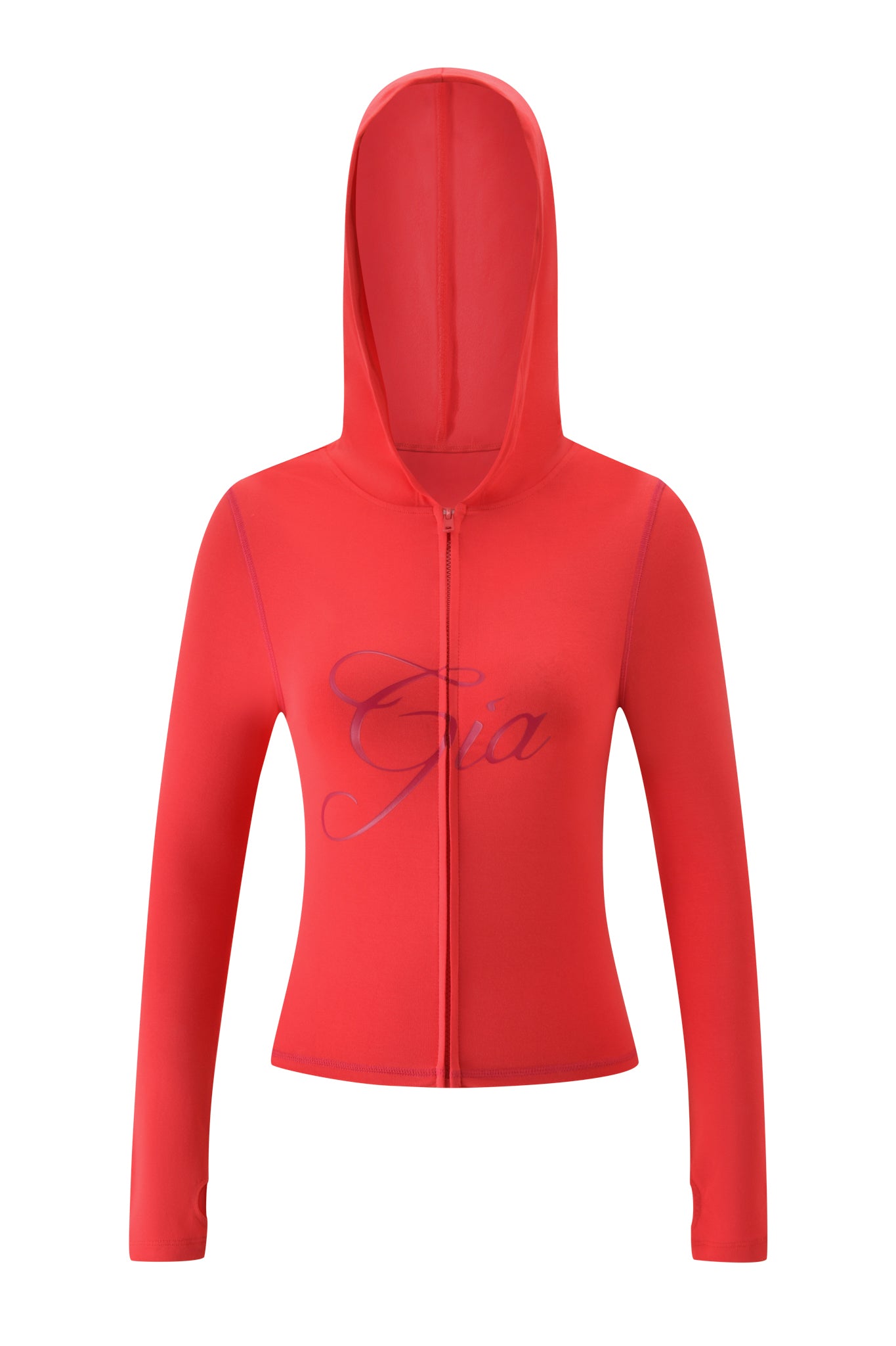 The BLARE HOODIE - PAPAYA by I.AM.GIA features a bold fitted design, long sleeves, and "Gia" in cursive across the chest for a classic look.