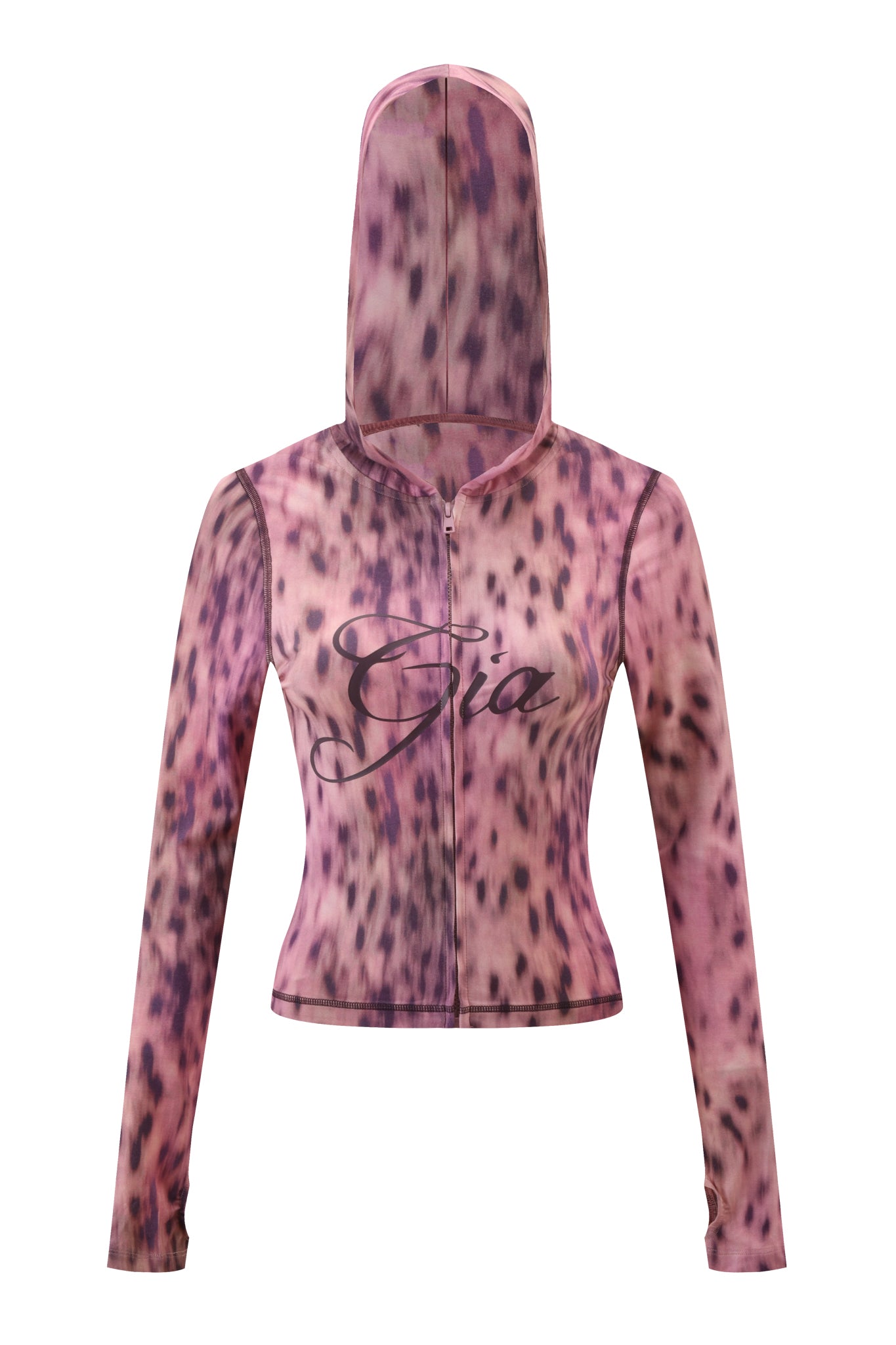 The I.AM.GIA BLARE HOODIE - PINK BLURRED CHEETAH features a hood and bold pink cheetah print accents.