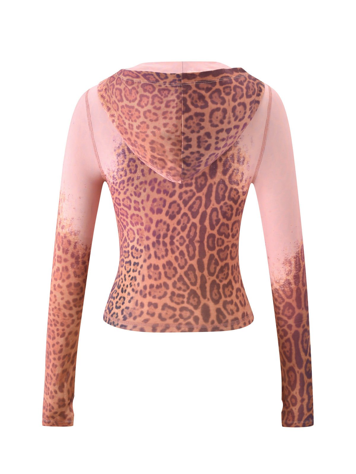 A fitted, long-sleeve BLARE HOODIE - PINK FADED PANTHERA by I.AM.GIA, featuring a cropped silhouette and hood in the brand’s signature pink and brown leopard print, shown from the back.