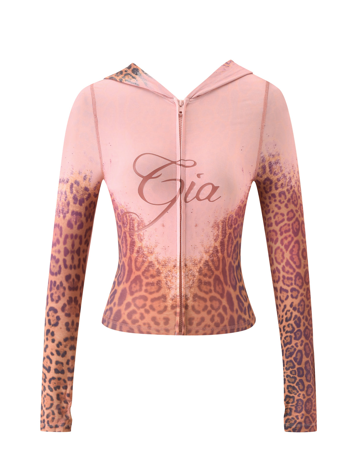 Introducing the I.AM.GIA BLARE HOODIE - PINK FADED PANTHERA: a long-sleeve, hooded zip-up top featuring a pink faded Panthera and leopard print gradient design, with “Gia” in cursive across the chest. Crafted from bamboo, this hoodie combines style and comfort.