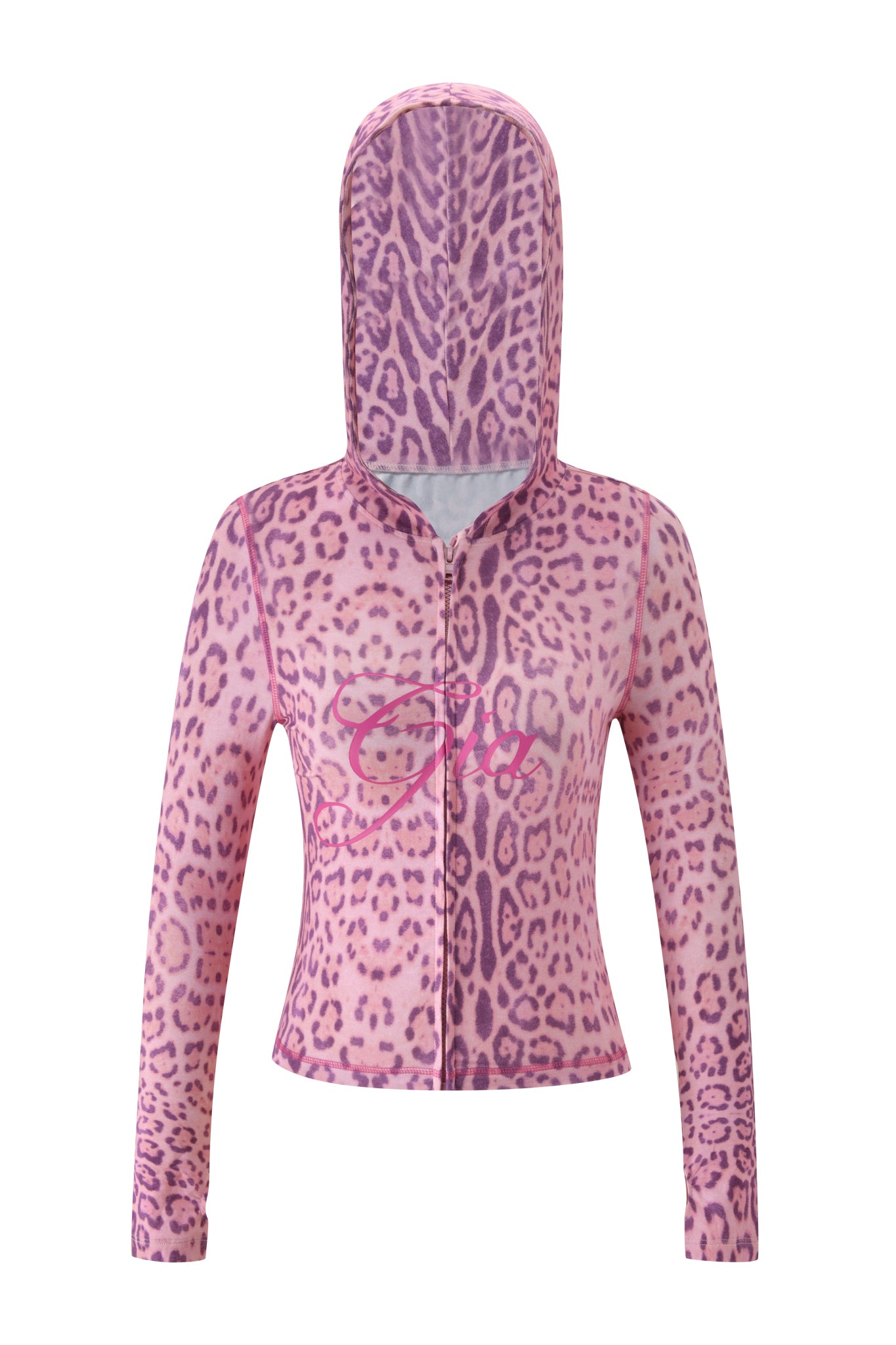 The I.AM.GIA BLARE HOODIE - PINK PANTHERA is a long-sleeve, zip-up bamboo viscose hoodie with a pink and purple Pink Panthera print and "Sexy" in pink script on the front, shown on a white background.