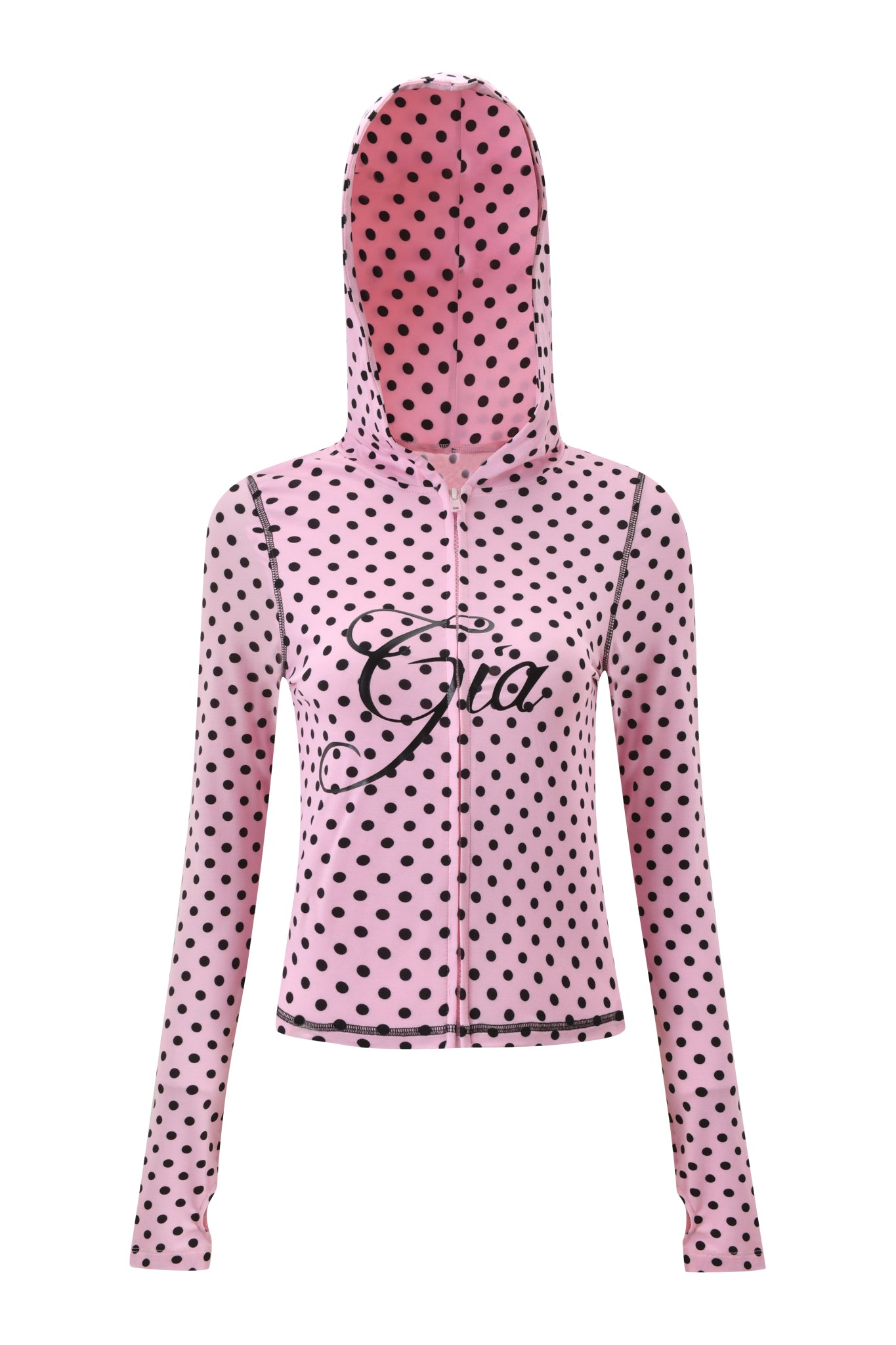 The BLARE HOODIE - PINK POLKA DOT by I.AM.GIA is a pink zip-up hoodie with playful polka dots, a fitted waist, long sleeves, and "Gia" in black script across the chest. Shown with the hood up against a plain white background.
