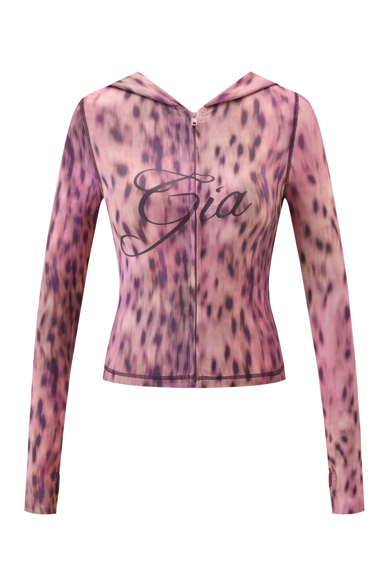The I.AM.GIA BLARE HOODIE - PINK BLURRED CHEETAH is a fitted, long-sleeve bodycon hoodie featuring a zip-up mesh design, bold pink cheetah print, "Gia" script on the chest, and a back hood for standout style.