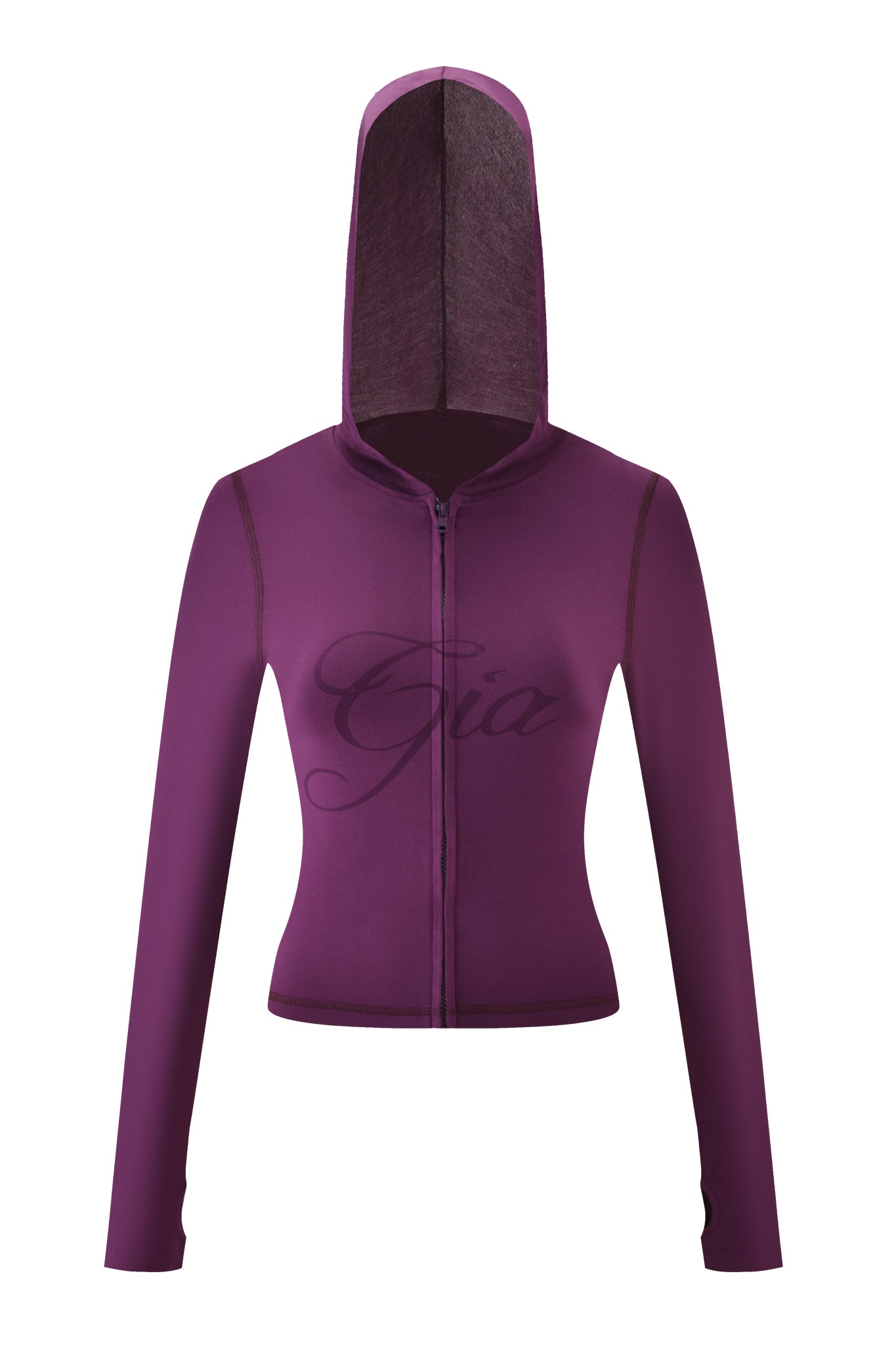 A front view of the fitted, long-sleeve BLARE HOODIE - PLUM by I.AM.GIA, featuring a hood up and "Gia" elegantly printed on the chest, showcases this chic bodycon hoodie’s modern style.