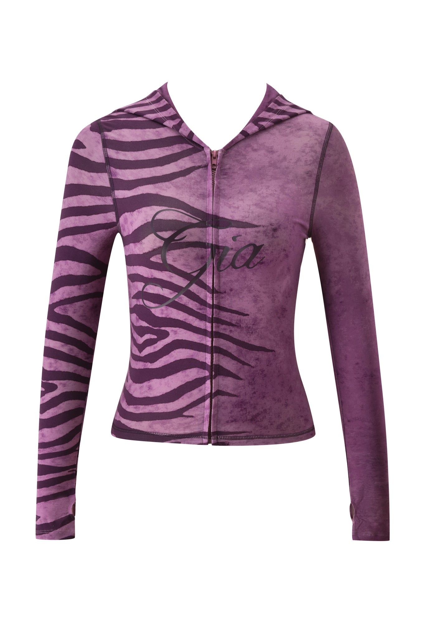 The I.AM.GIA BLARE HOODIE - PLUM WILD SIDE is a fitted, long-sleeve hoodie featuring a purple base with black tiger stripes and "Gia" printed across the front.