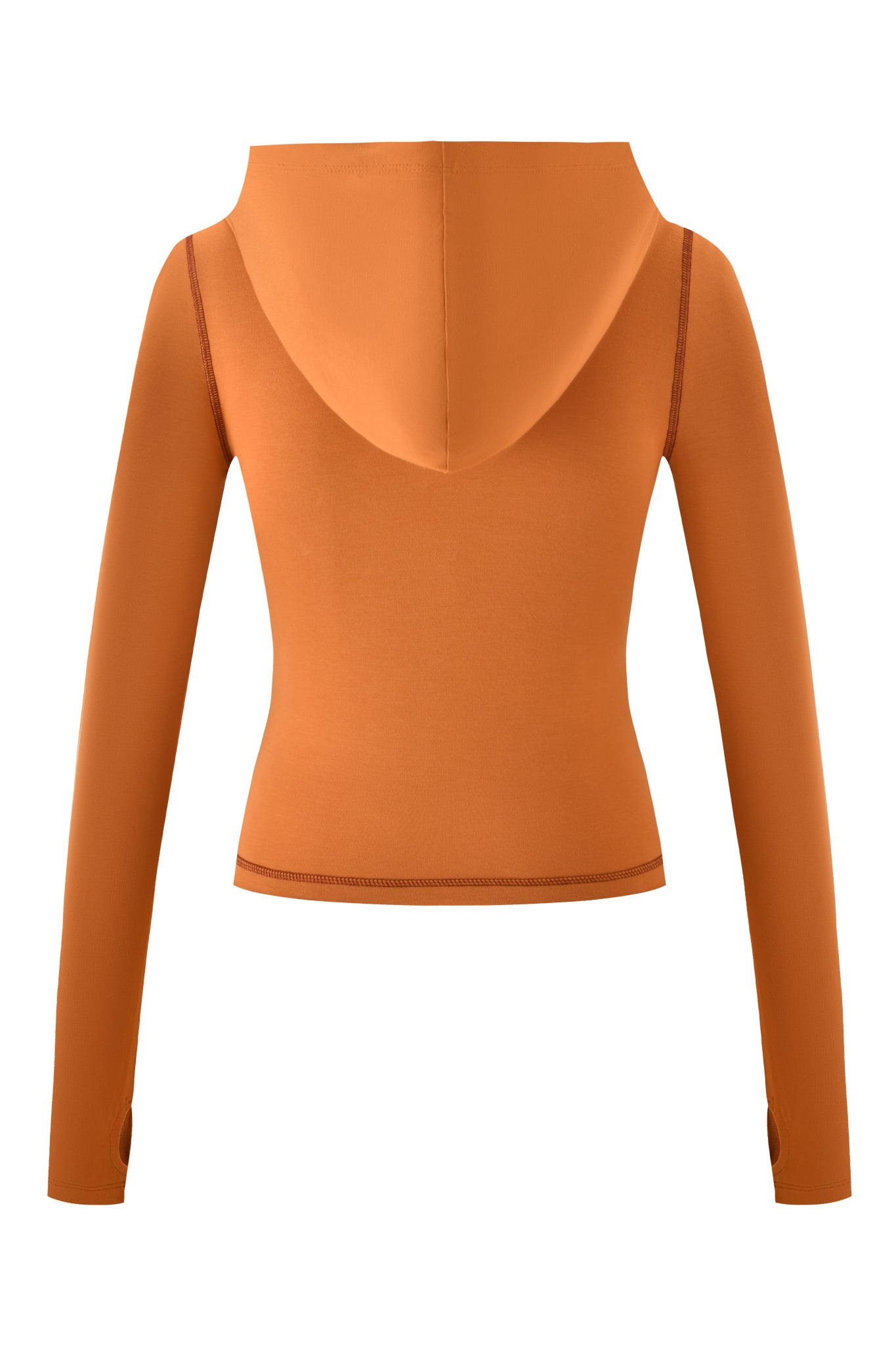 A back view of the I.AM.GIA BLARE HOODIE - PUMPKIN shows its orange, long-sleeved, fitted design with a hood, thumb holes, visible seam stitching, and a cropped hem.