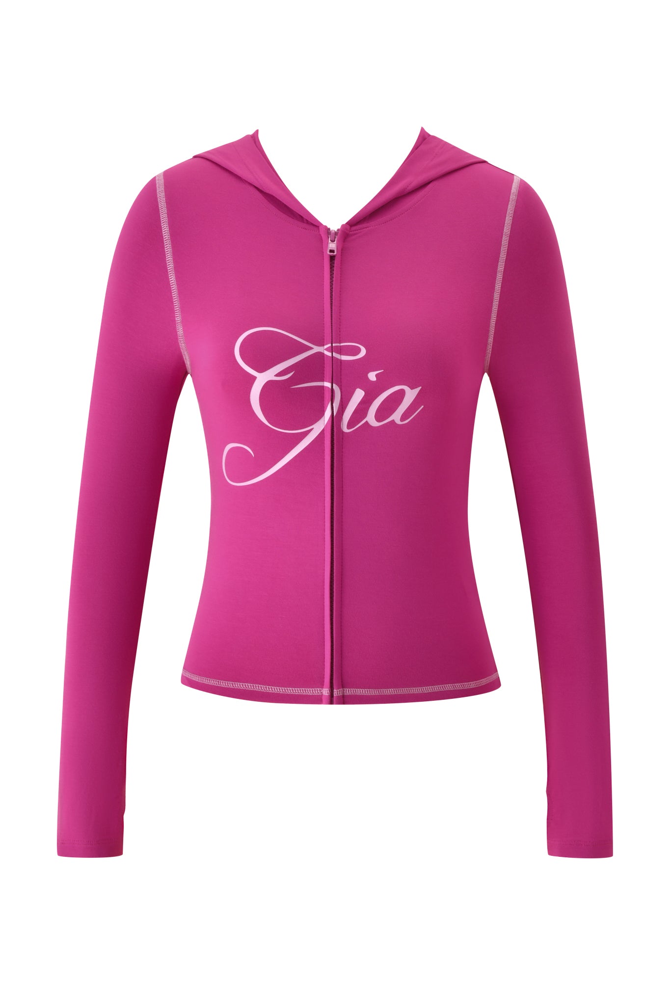 The I.AM.GIA BLARE HOODIE in raspberry is a bright pink, long-sleeve zip-up hoodie featuring a hood, bold white "Gia" script across the chest, and eye-catching white accent stitching.