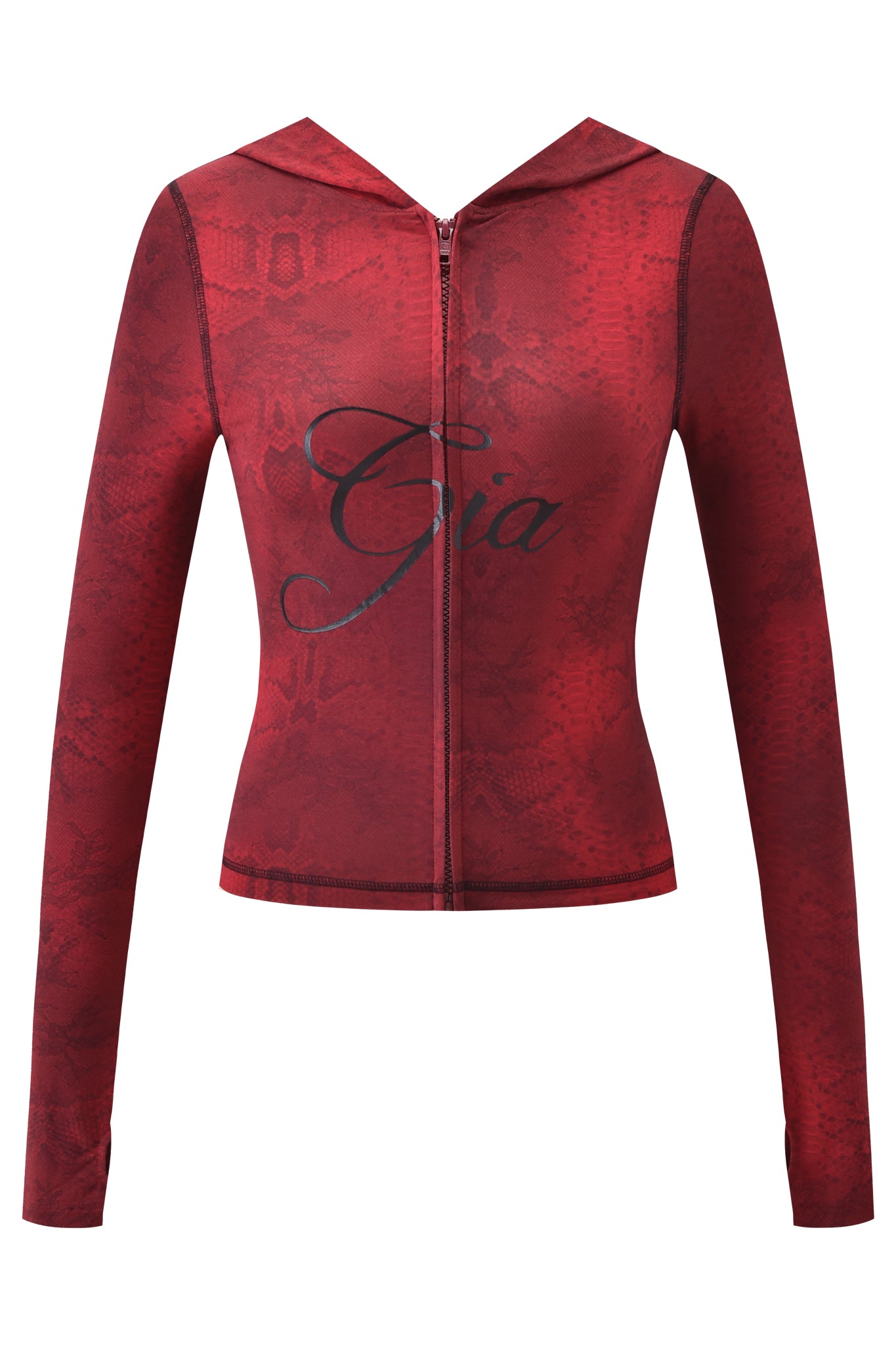 The BLARE HOODIE - RED SERPENTINE by I.AM.GIA is a fitted, long-sleeve hoodie with a red serpentine print and "Gia" in black script on the chest.
