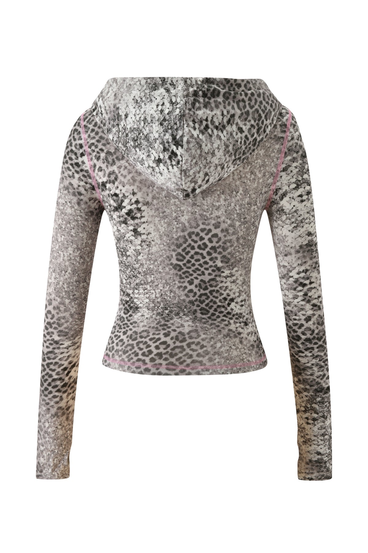 Back view of an I.AM.GIA BLARE HOODIE - SILVER LUXE LEOPARD, a long-sleeved, hooded zip-up jacket in a gray and white leopard print with visible pink seam stitching.