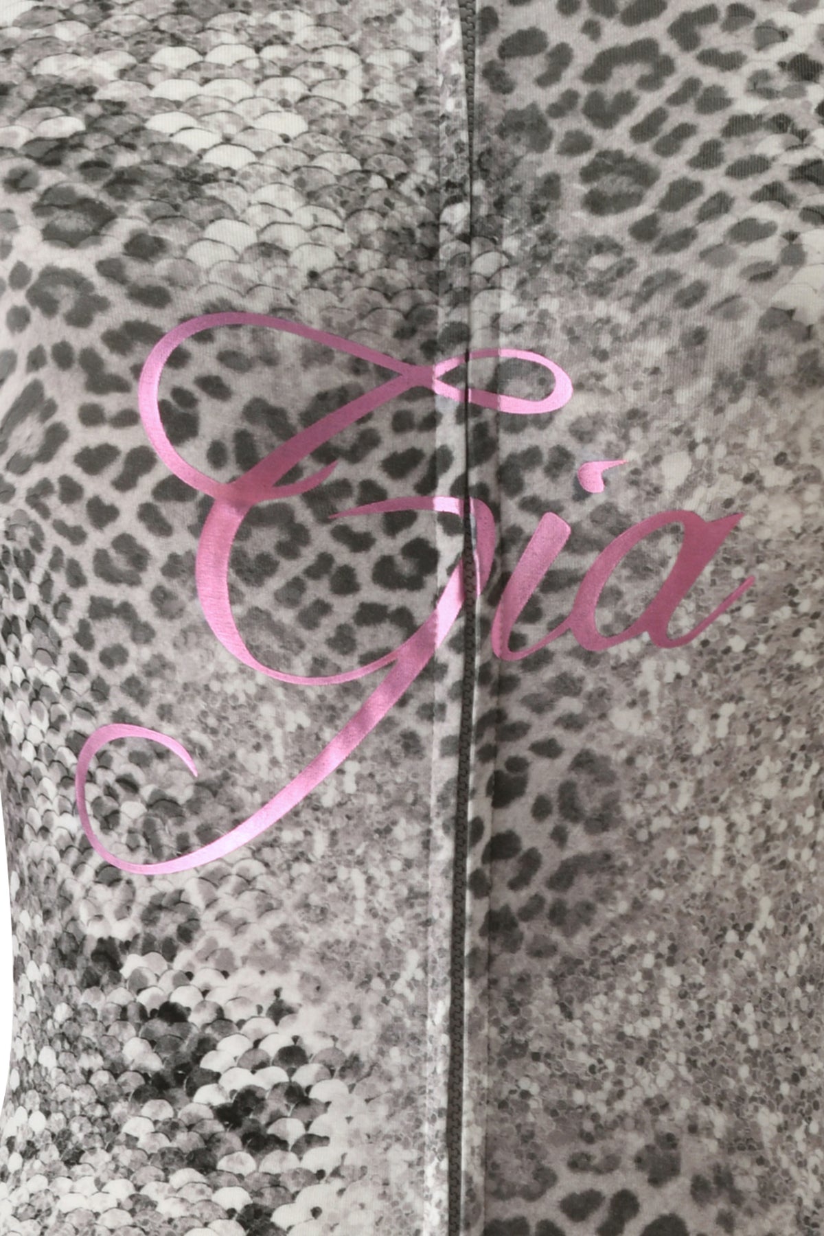 BLARE HOODIE - SILVER LUXE LEOPARD featuring a gray and black animal print pattern with “Gia” in pink script across the front.