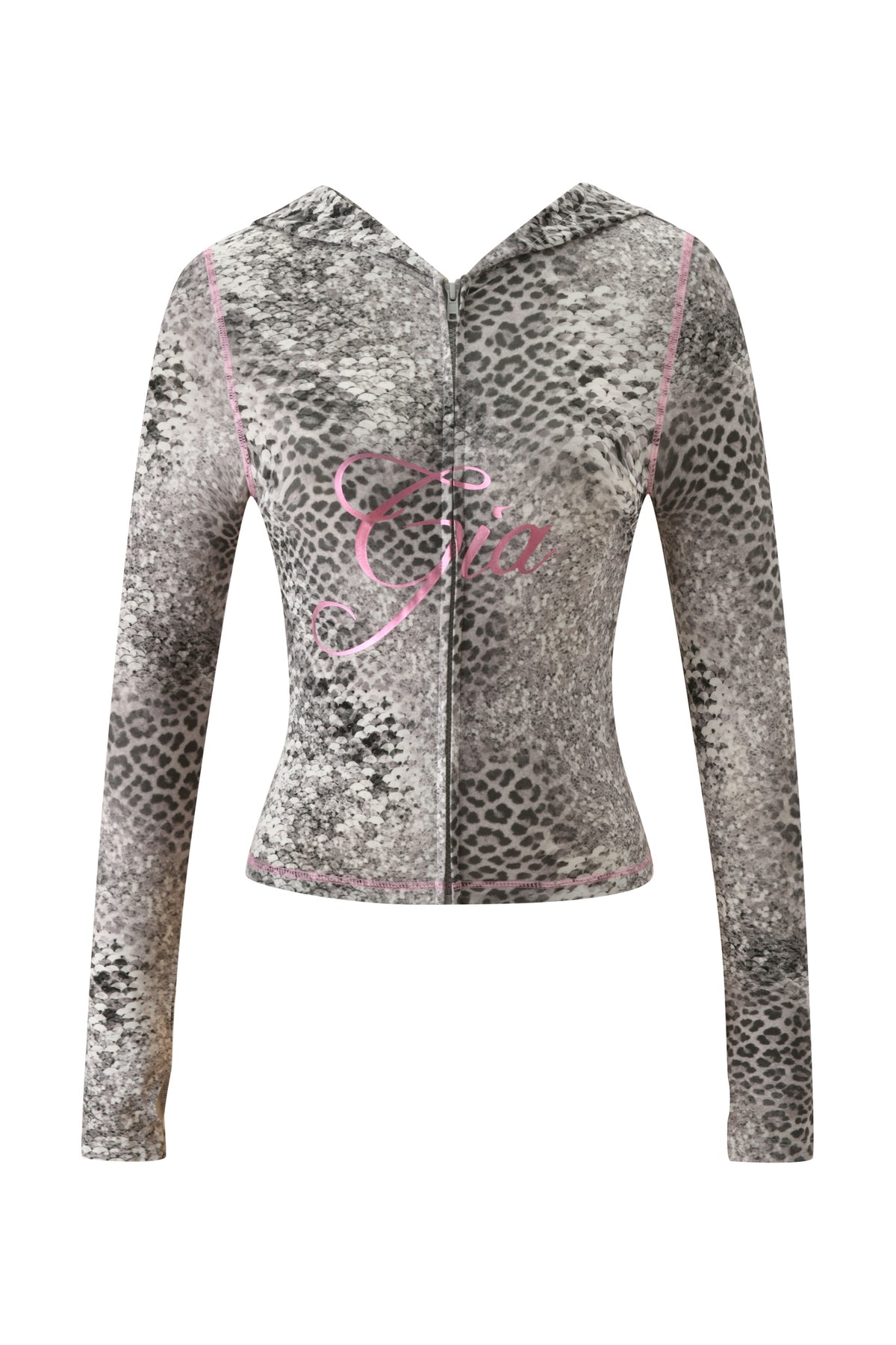 I.AM.GIA BLARE HOODIE - SILVER LUXE LEOPARD in a grey leopard print with pink stitching and the word “Gia” in pink script on the chest.