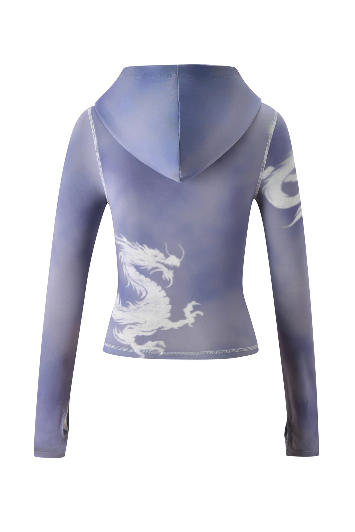 The BLARE HOODIE - STEEL BLUE DRAGON by I.AM.GIA is a fitted, long-sleeve hoodie crafted from bamboo fabric in a gradient purple-blue shade, highlighted by bold white steel blue dragon graphics on the back and left sleeve.