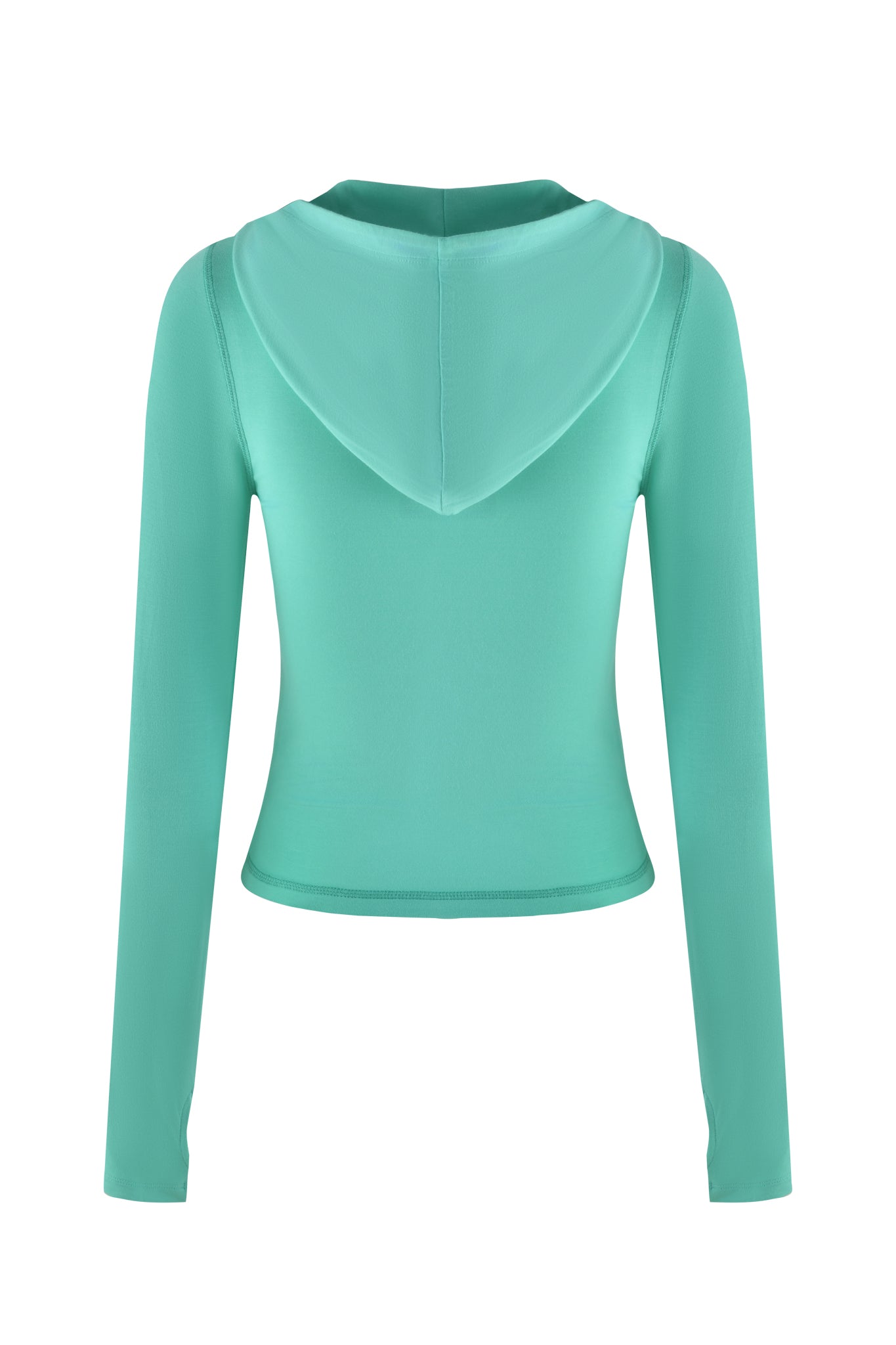 The I.AM.GIA BLARE HOODIE in turquoise teal features a fitted bodycon silhouette with long sleeves and a hood, crafted from smooth, stretchy fabric.