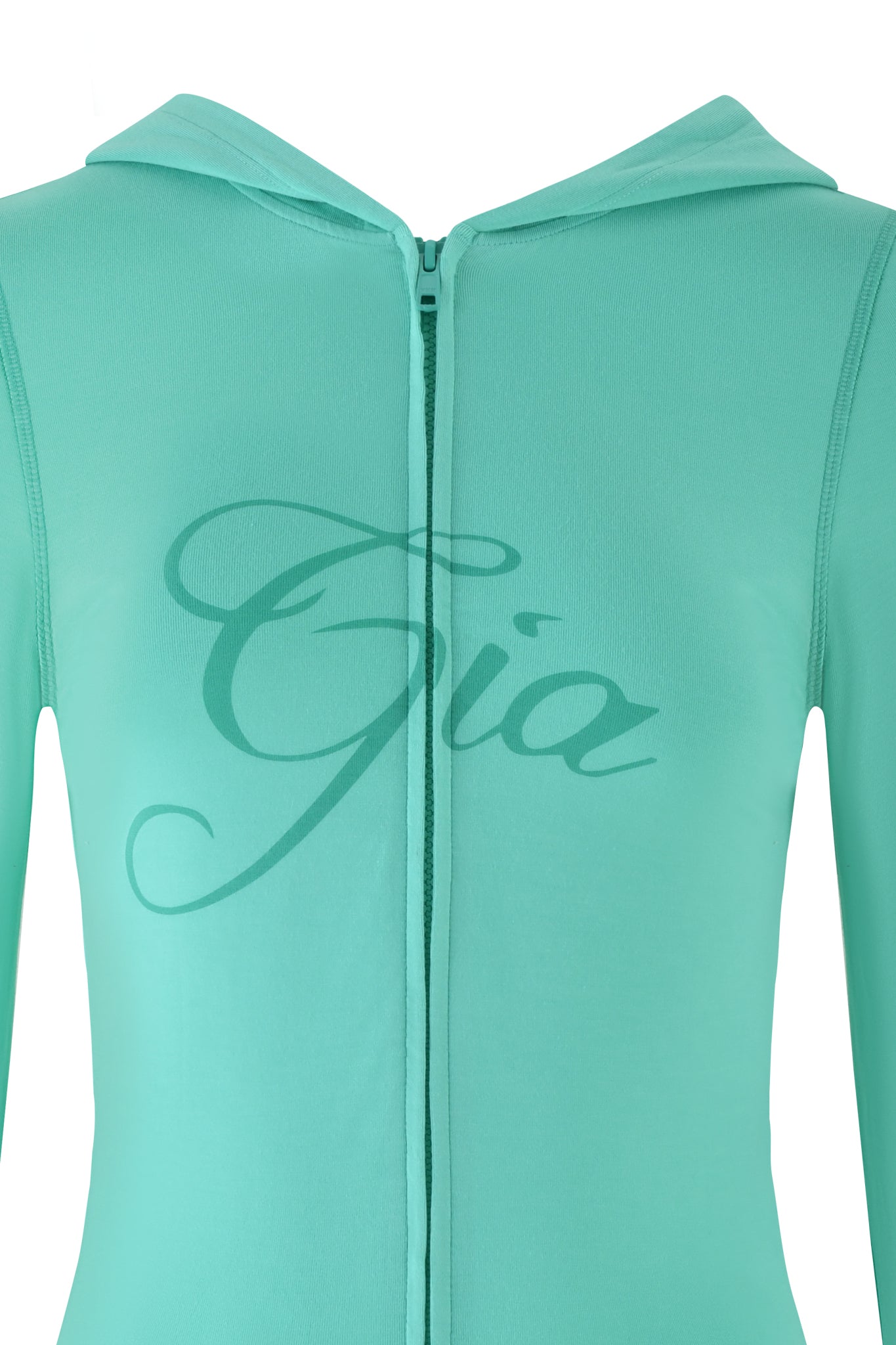 Close-up of the I.AM.GIA Blare Hoodie in turquoise teal with "Gia" cursive across the chest and a visible central zipper.