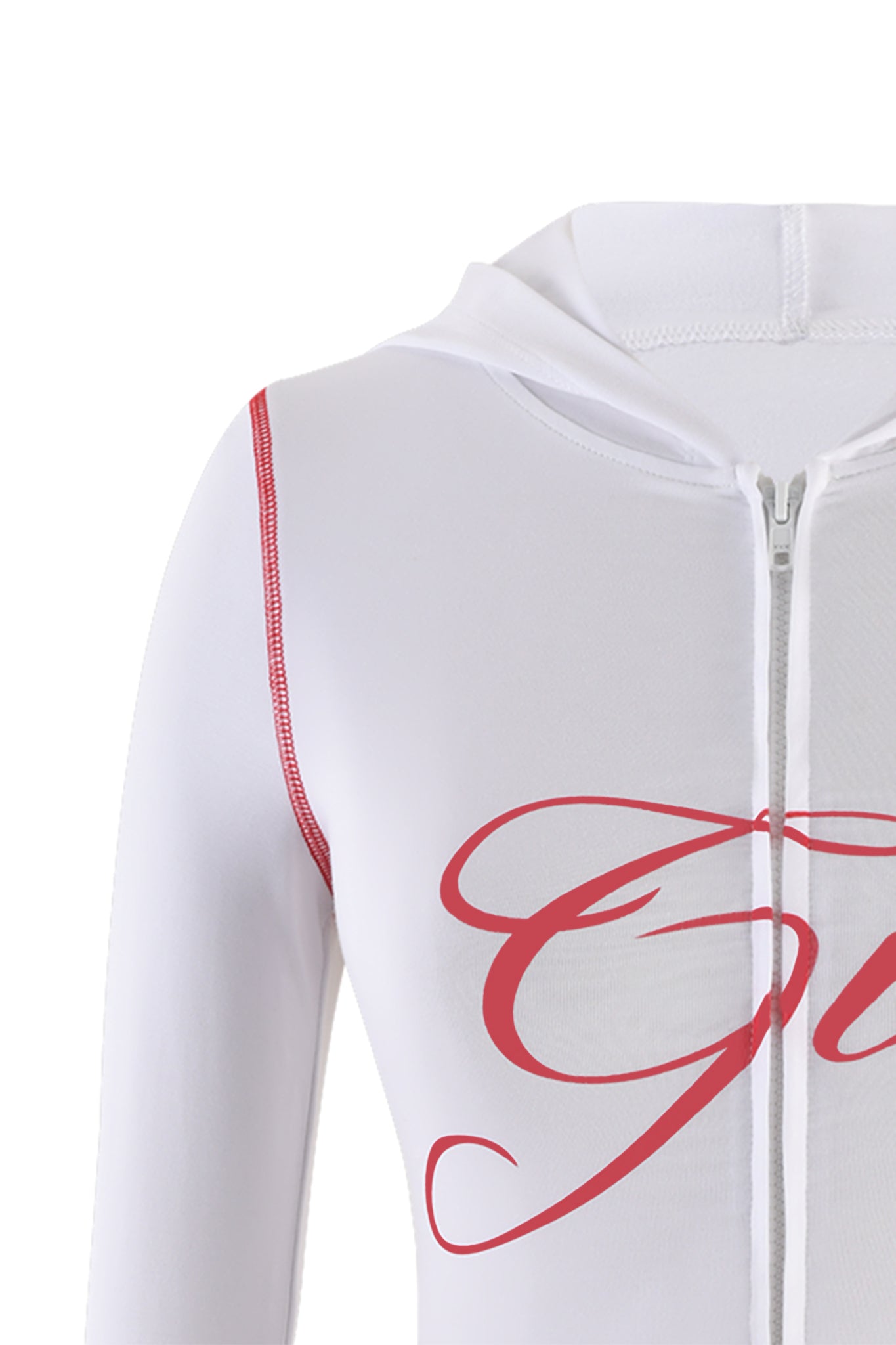 A close-up of the BLARE HOODIE - WHITE by I.AM.GIA with the text "G" in large red cursive letters on the front. The hoodie features contrast red stitching along the shoulder seam and a thumb-hole cut-out. The hood is on the back and partially visible.