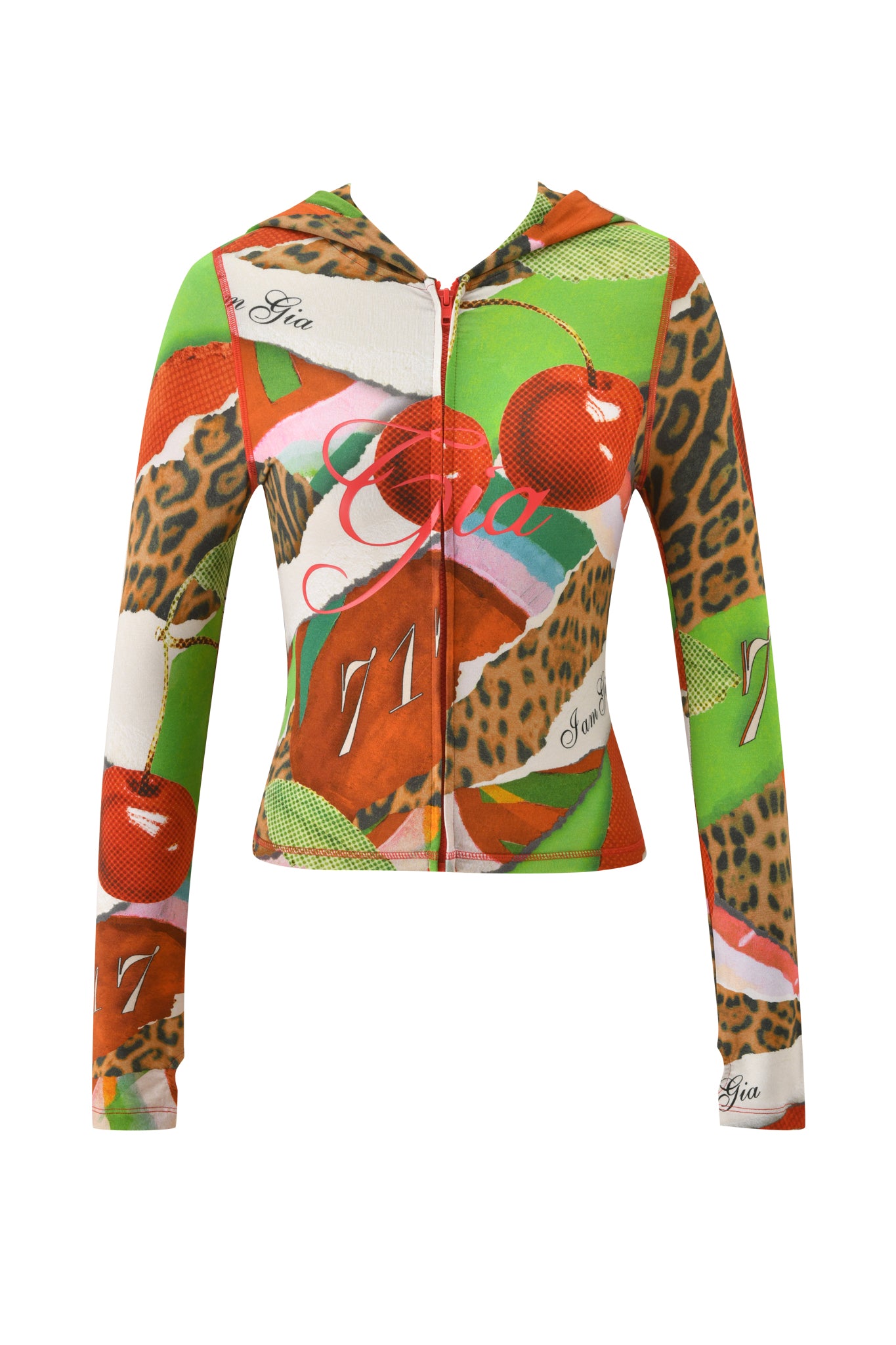 The BLARE HOODIE - WILD CHERRY by I.AM.GIA is a colorful bamboo hoodie featuring vibrant prints like Wild Cherry, leopard spots, red lips, green accents, and details of "Gia" and "71" in the design.
