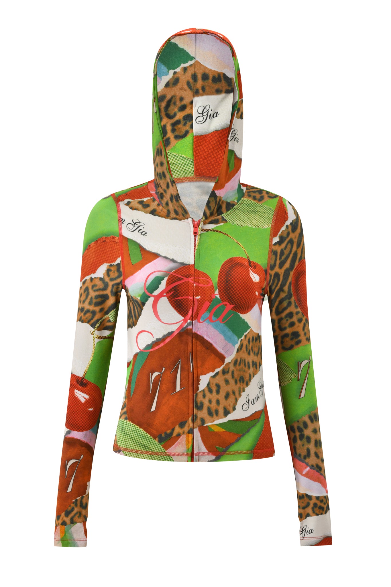 The BLARE HOODIE - WILD CHERRY by I.AM.GIA features a zip-up design with leopard spots, green and orange abstract shapes, cursive "Gia," "71," and Wild Cherry print. Made from soft bamboo fabric for comfort.