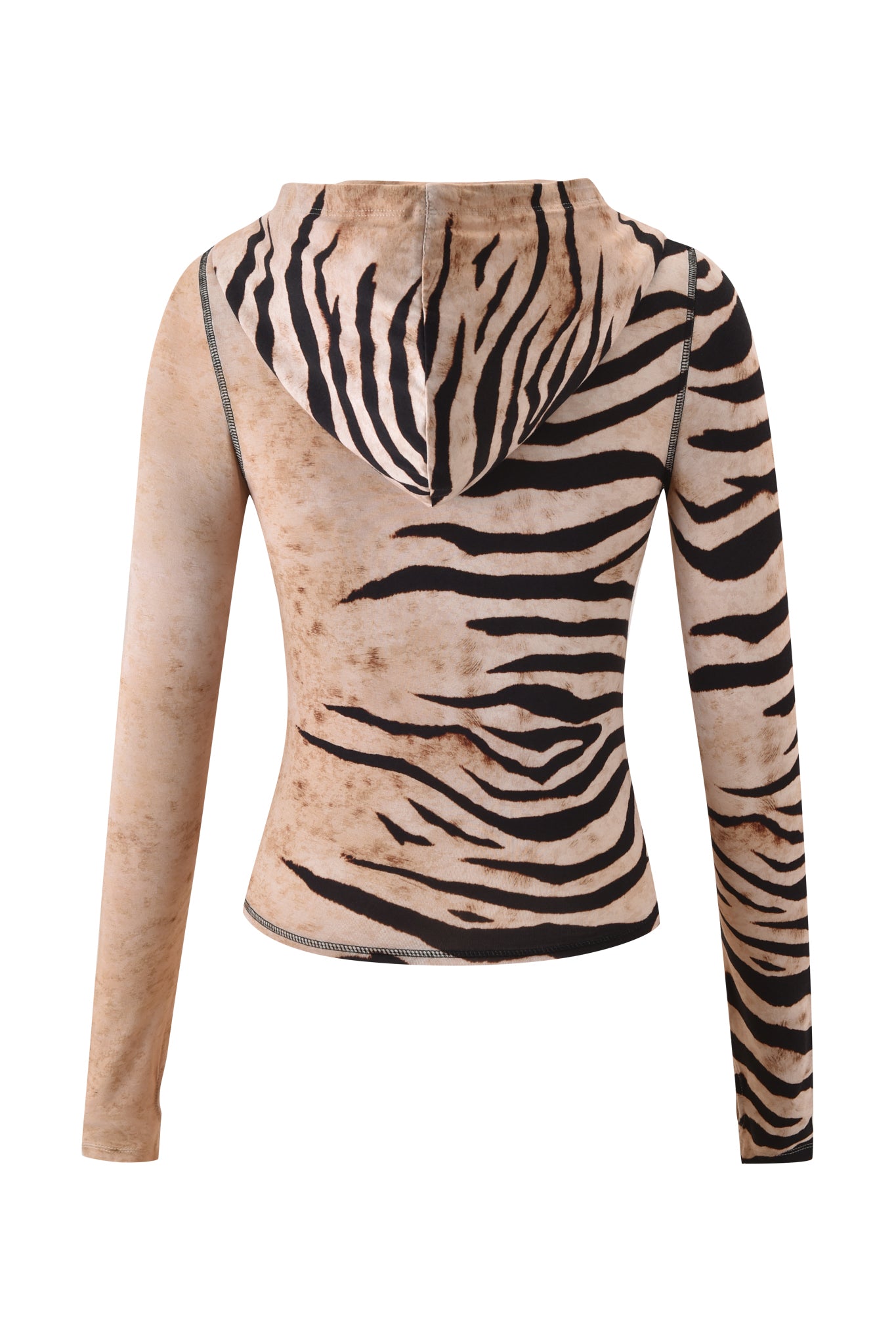 The I.AM.GIA BLARE HOODIE - WILD SIDE features a fitted, long-sleeve design with a tan and black animal print. Seen from the back, one sleeve is mostly tan while the rest displays striking Wild Side patterning.