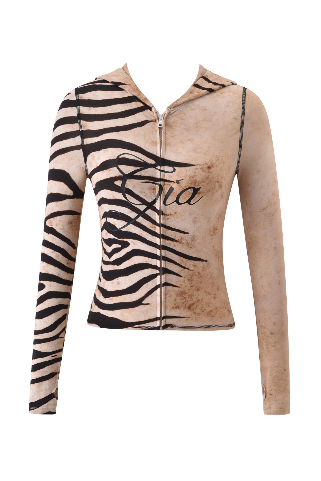 The I.AM.GIA BLARE HOODIE - WILD SIDE is a fitted, long-sleeve zip-up featuring zebra print on one side, beige on the other, and "Gia" in cursive across the front.