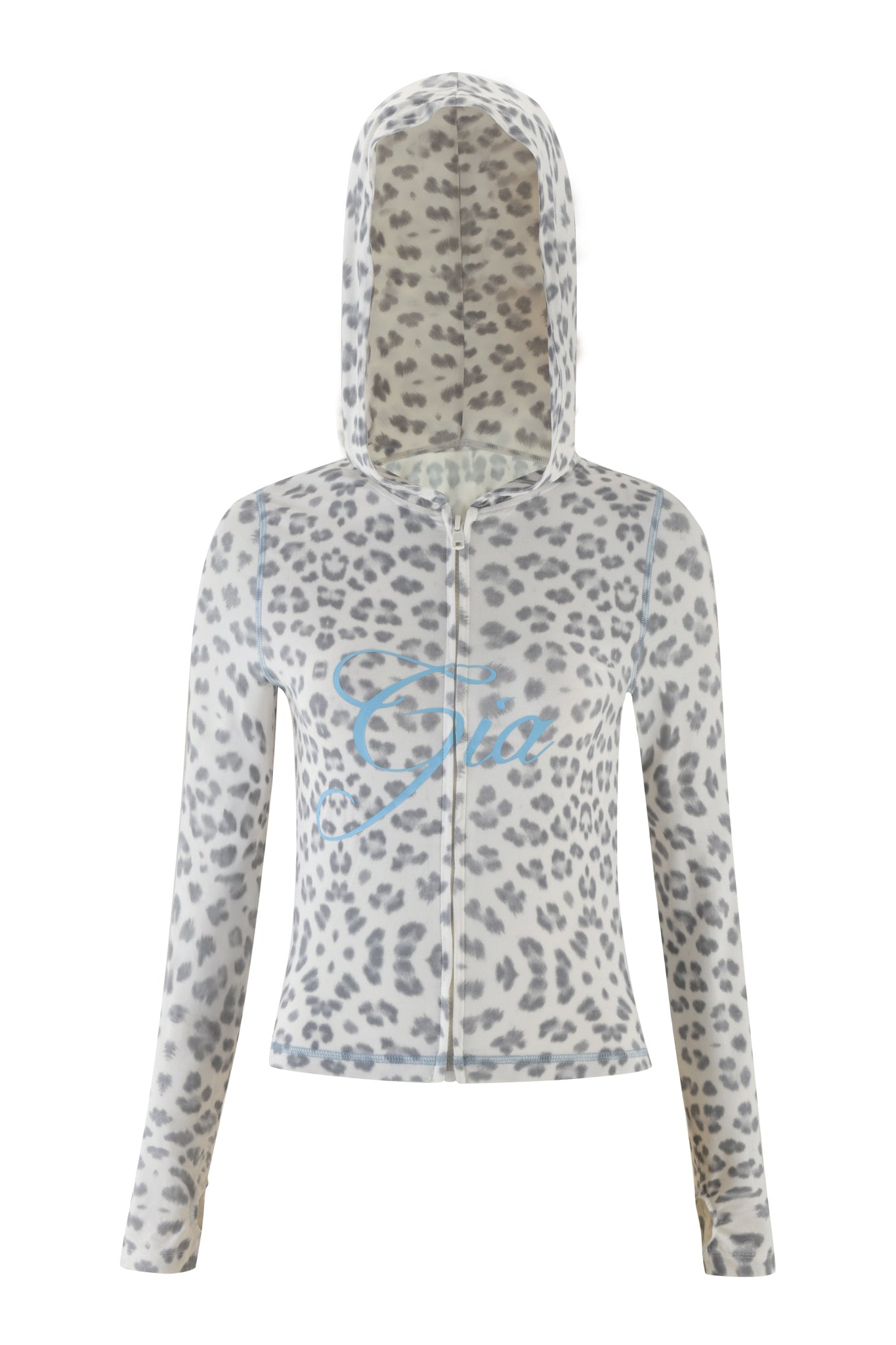The BLARE HOODIE - SNOW LEOPARD : WINTER WILD CARD from I.AM.GIA features a snow leopard print with a white zip-up design, adorned with gray and blue script text across the front. Its long sleeves and bodycon fit create a sleek silhouette, all set against a plain white background.
