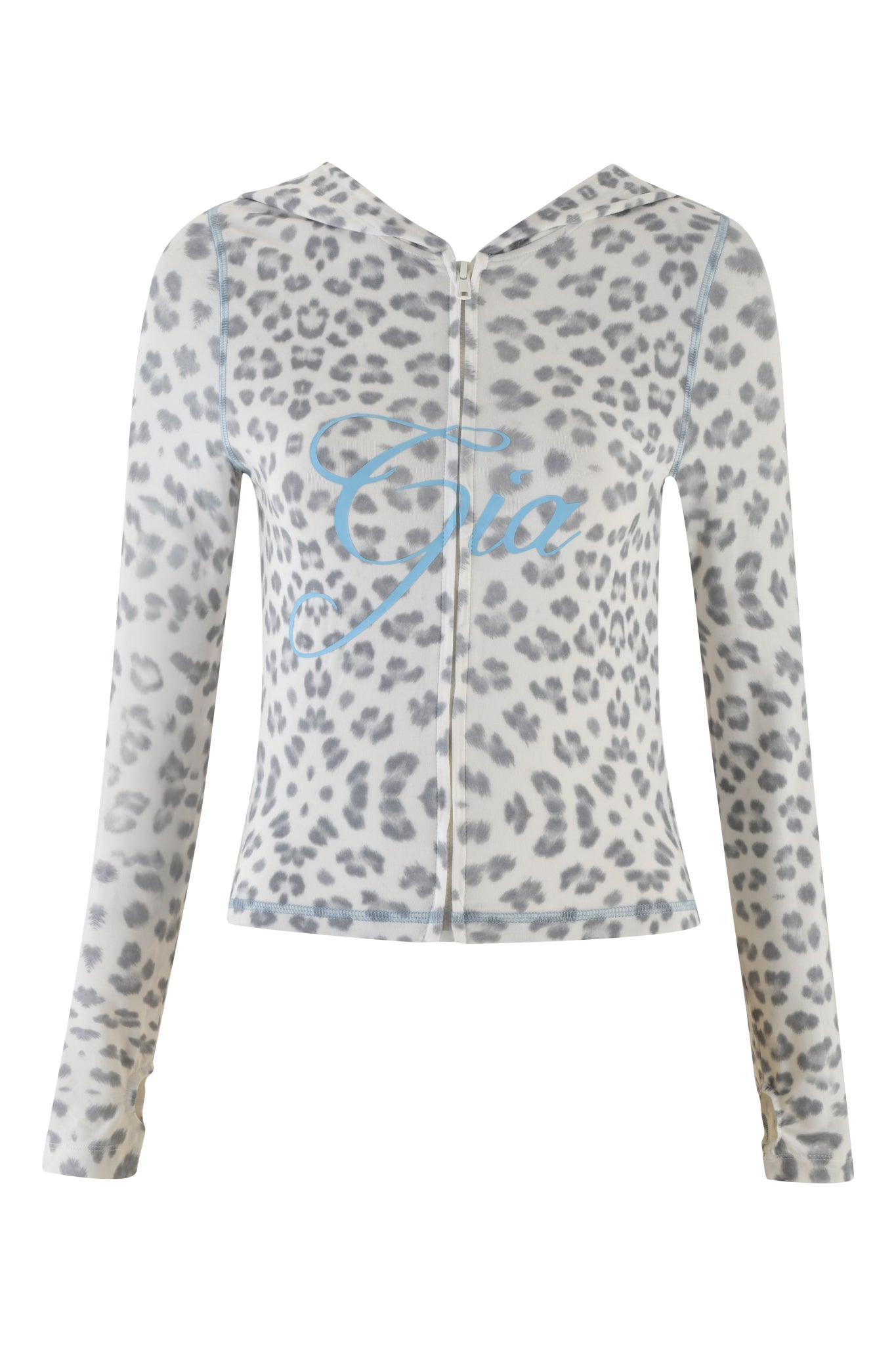 Introducing the BLARE HOODIE - SNOW LEOPARD: WINTER WILD CARD by I.AM.GIA, a long-sleeve zip-up top featuring a bodycon fit and adorned with an elegant grey snow leopard print. The front showcases the name "Gia" in stylish light blue script across the chest, effortlessly blending style with comfort.