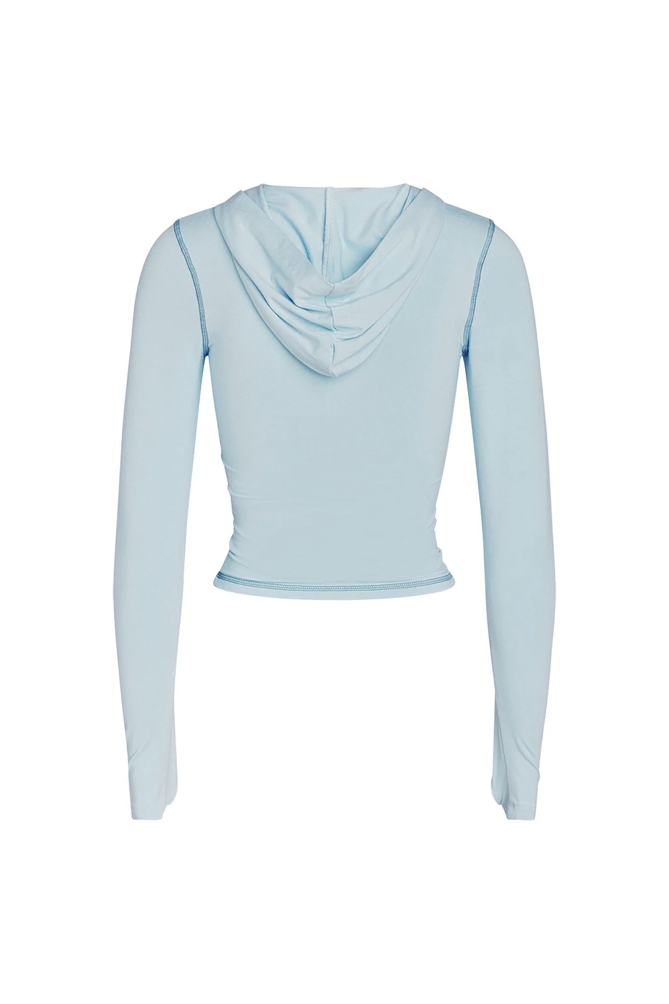 The BLARE HOODIE - BLUE : BABY BLUE by I.AM.GIA is shown from the back, featuring a slim bodycon fit and close-fitting hood in light blue, set against a plain white background.