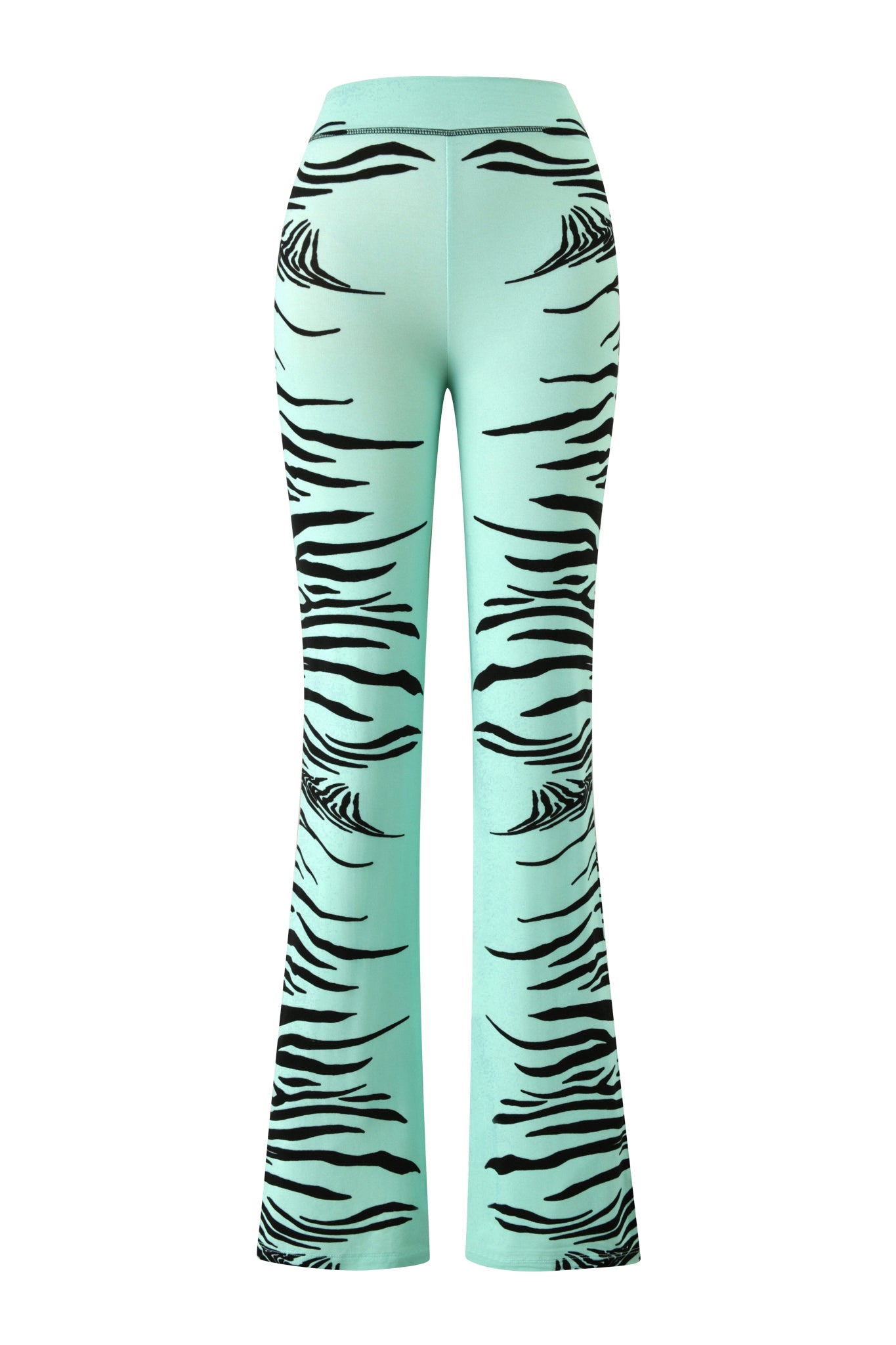 The BLARE TRACKPANT by I.AM.GIA features an aqua, high-waisted, flared silhouette with fine line zebra stripes running vertically along the sides and back, channeling an edgy trackpant style.