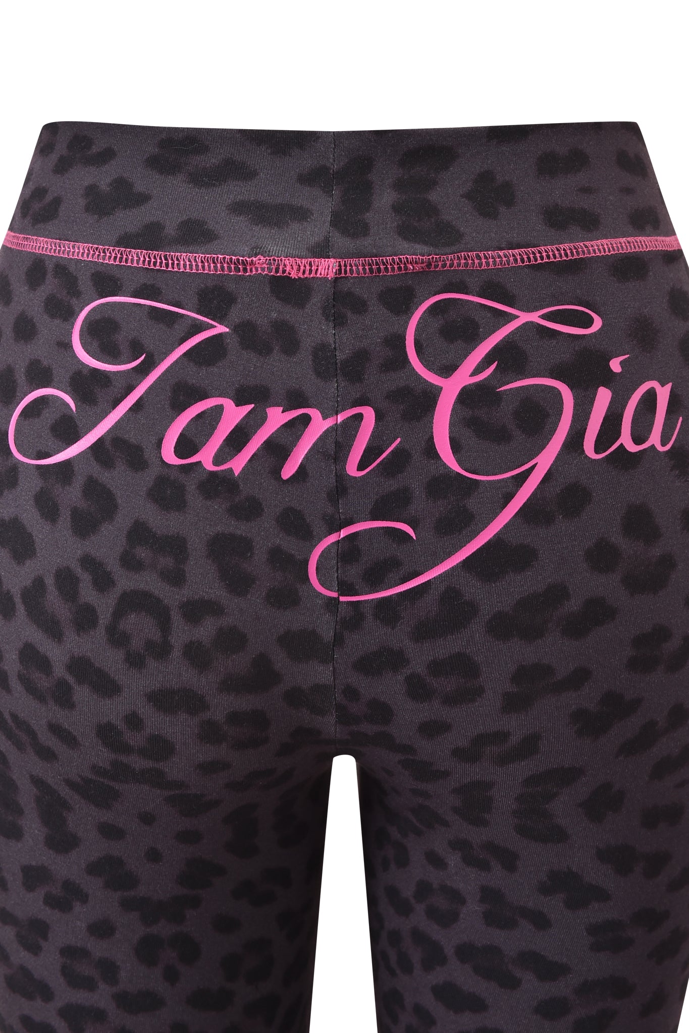 Back view of the I.AM.GIA BLARE TRACKPANT - PANTHER featuring a black panther print, pink stitching, and "I am Gia" in bold pink script across the waistband and upper back, echoing the trackpant’s signature style.