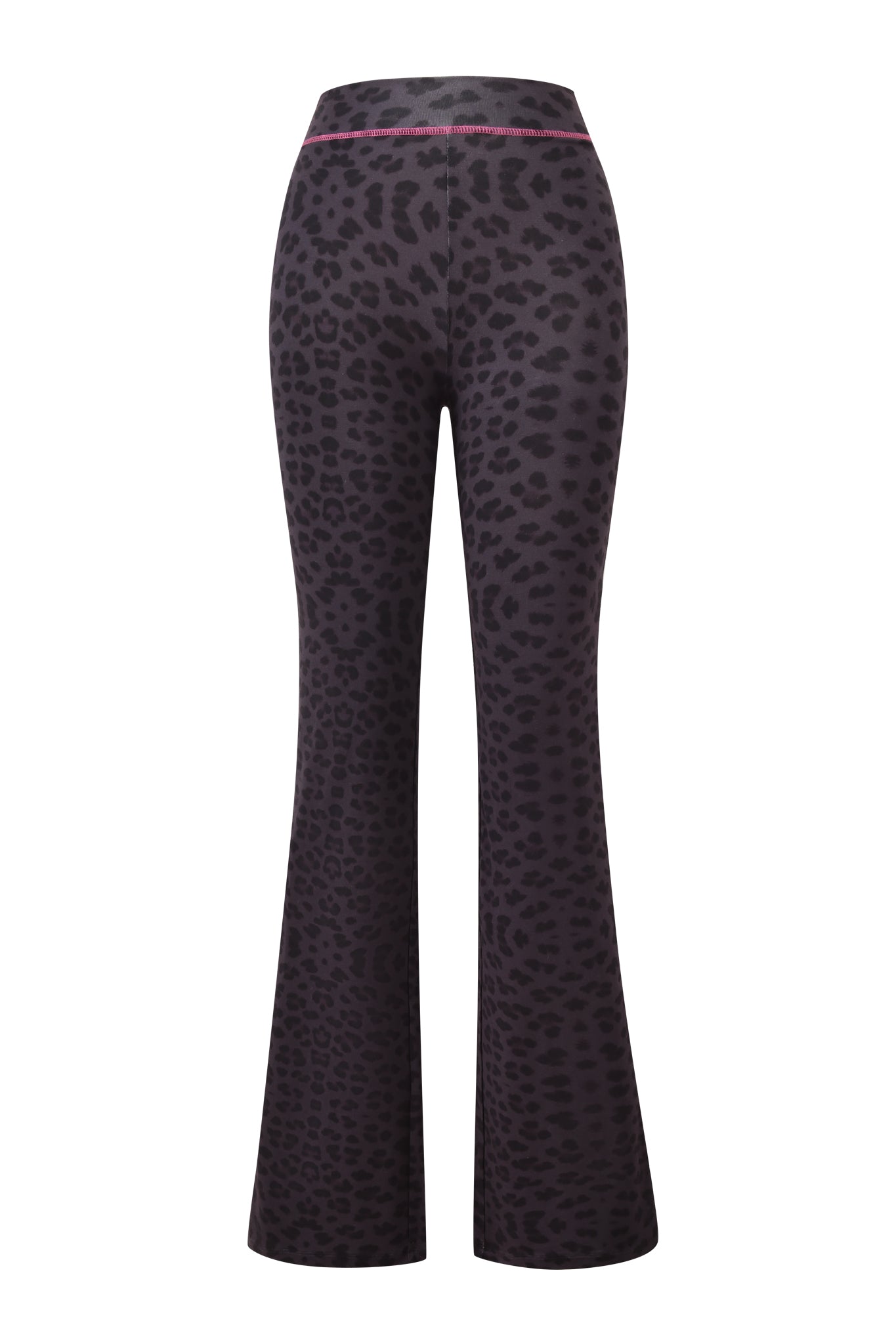 The I.AM.GIA BLARE TRACKPANT - PANTHER features a high waist, flared fit, black and dark gray panther print, and a bold pink accent line on the waistband. Shown against a white background.