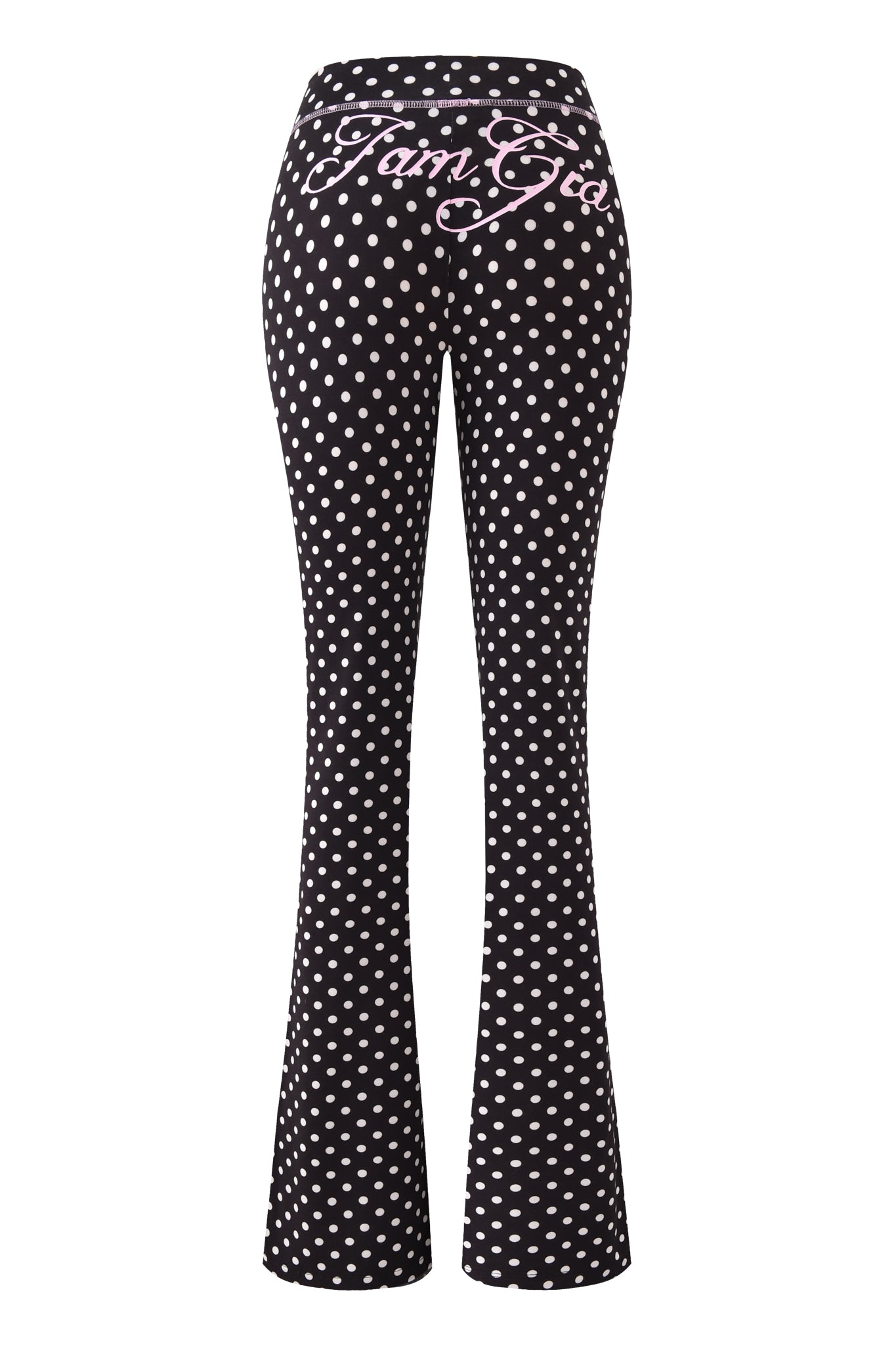The BLARE TRACKPANT - BLACK POLKA DOT by I.AM.GIA features a flared leg, playful white polka dot print, and "Fam Gia" in pink script across the back waistband.
