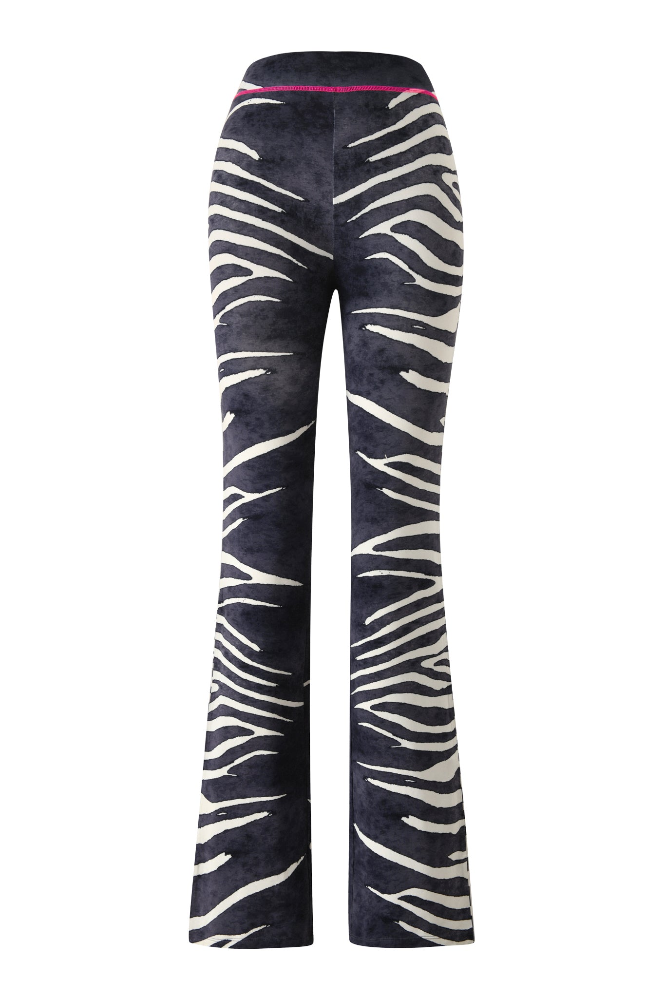 BLARE TRACKPANT - BLACK WILD SIDE by I.AM.GIA, featuring a black and white zebra print with a mid-rise waist and a subtle pink accent near the waistband, crafted from soft bamboo fabric and displayed on a plain white background.