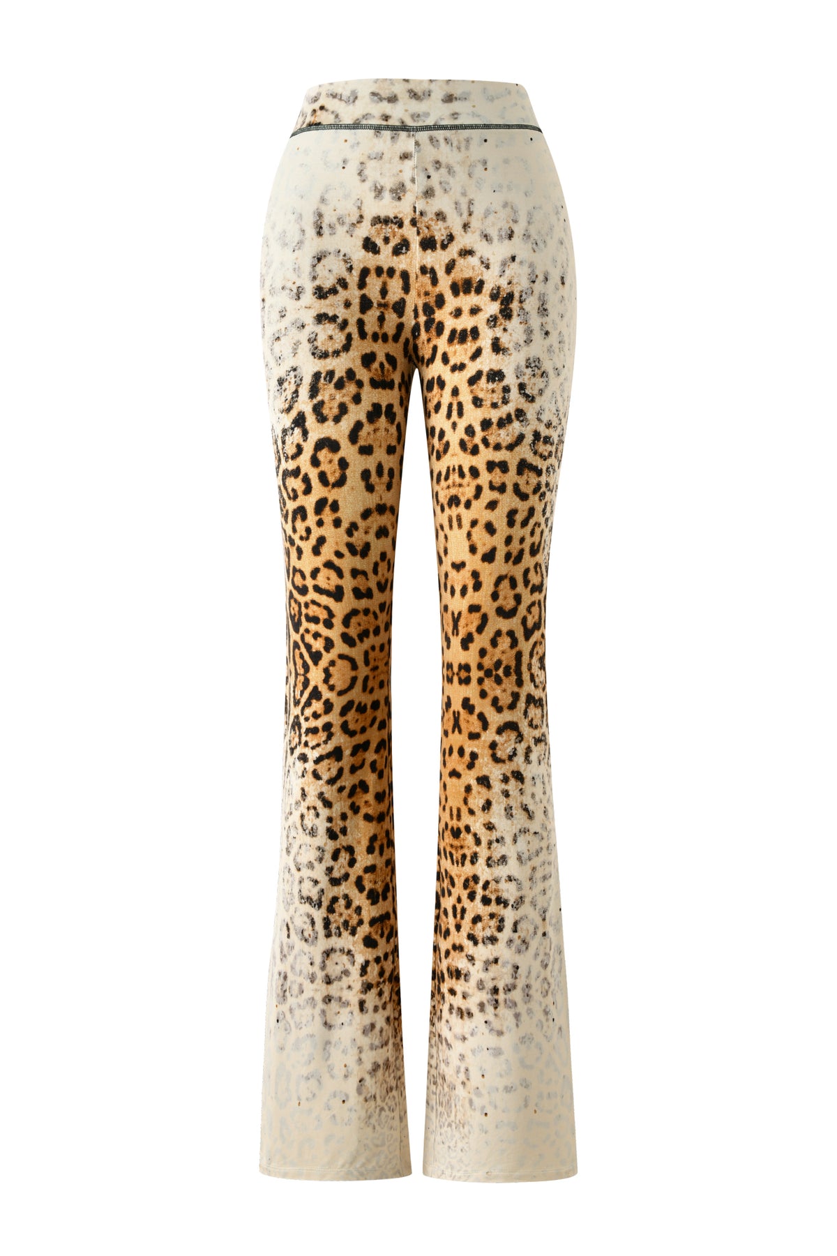 Introducing the BLARE TRACKPANT - CREAM FADED PANTHERA by I.AM.GIA: a high-waisted, flared track pant featuring a striking panthera print in cream tones. Crafted from soft bamboo fabrication, the unique ombre pattern gradually fades toward the hem for a bold and eye-catching effect.
