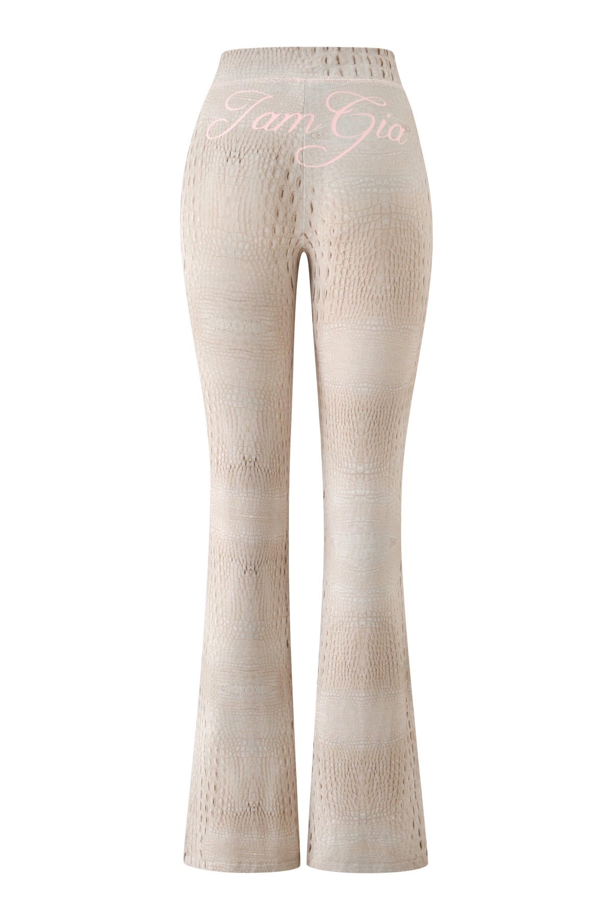 BLARE TRACKPANT - HOT CROC by I.AM.GIA; beige textured high-waisted flared pants with “I.AM.GIA” in light pink cursive across the waistband, echoing signature elements from the Blare Trackpant collections. The pants are pictured from the back against a plain white background.
