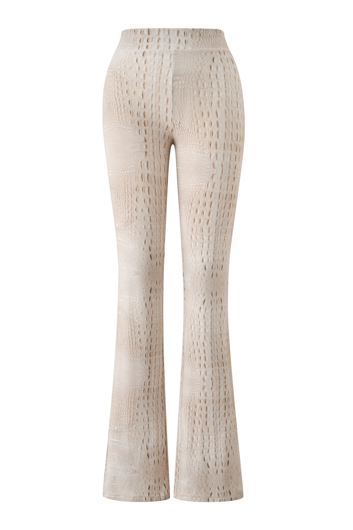 The BLARE TRACKPANT - HOT CROC by I.AM.GIA features a high-waisted, flared silhouette in beige with a subtle, textured reptile-inspired pattern. Shown against a plain white background, these trackpants highlight the signature Hot Croc print.