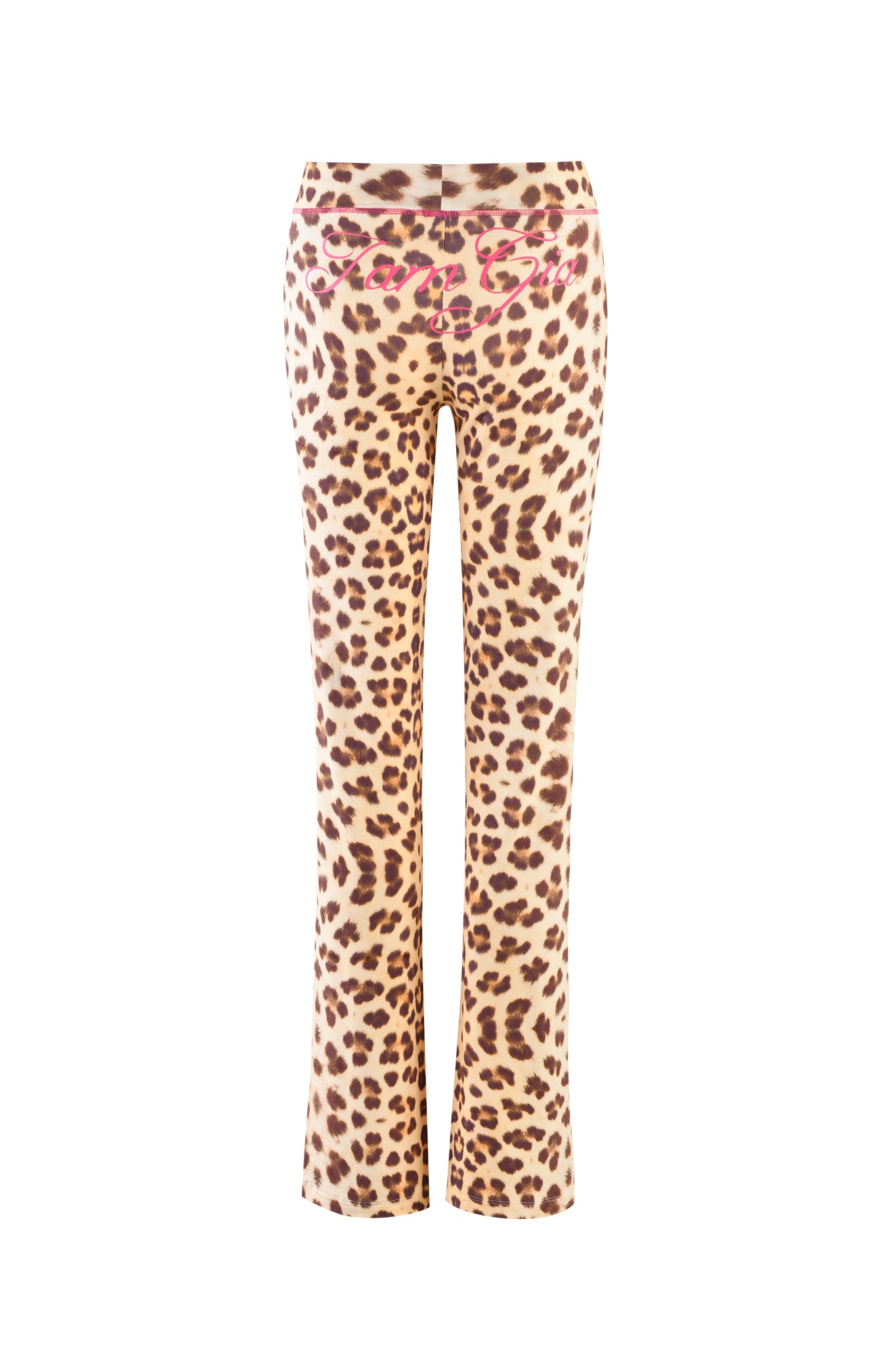 The BLARE TRACKPANT - NEUTRAL : LEOPARD : WILD CARD by I.AM.GIA are straight-leg, high-waisted pants featuring pink text across the back. Made from stretchy bamboo fabric, these pants showcase a custom leopard print with large brown and black spots on a light tan background.