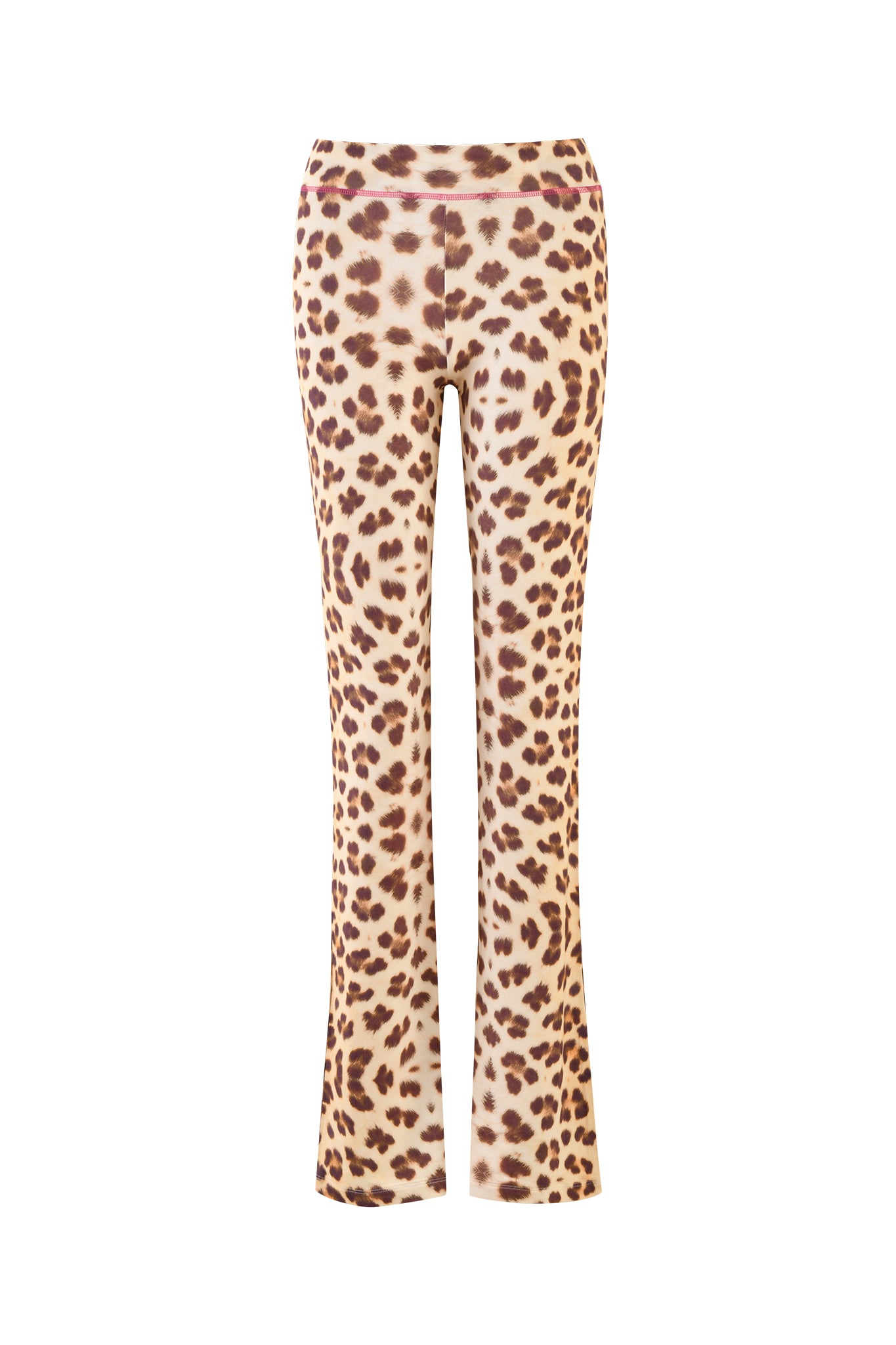 The BLARE TRACKPANT - NEUTRAL : LEOPARD : WILD CARD by I.AM.GIA is a high-waisted pair of trackpants featuring an all-over custom leopard print pattern in brown and beige. Made from stretchy bamboo fabrication, these pants have a slight flare at the bottom and are designed without visible pockets or buttons.