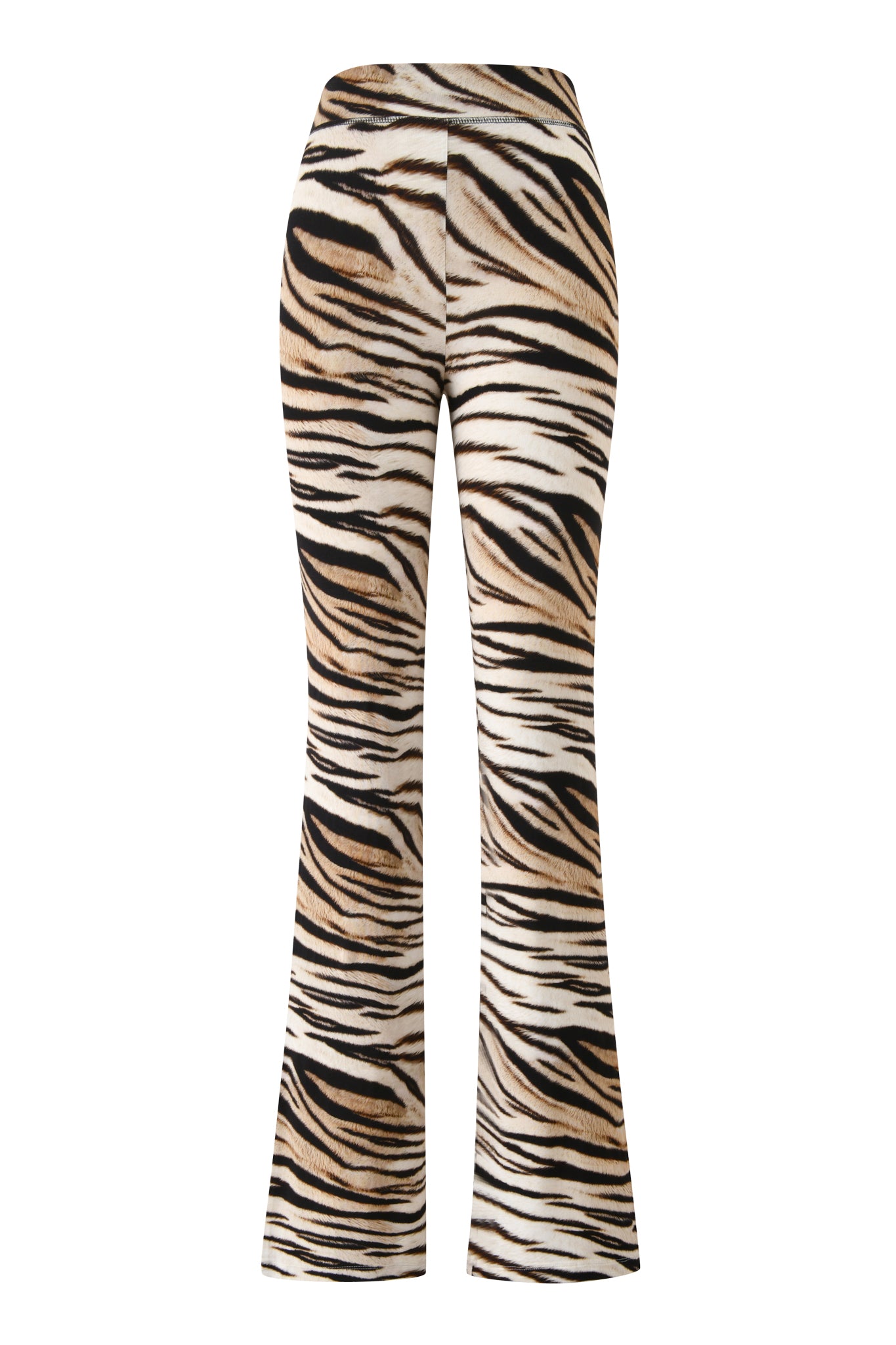 The I.AM.GIA BLARE TRACKPANT - LIGHT TIGRESS is a high-waisted trackpant with bold black, brown, and white tiger stripes on a light background, shown against a simple white backdrop.