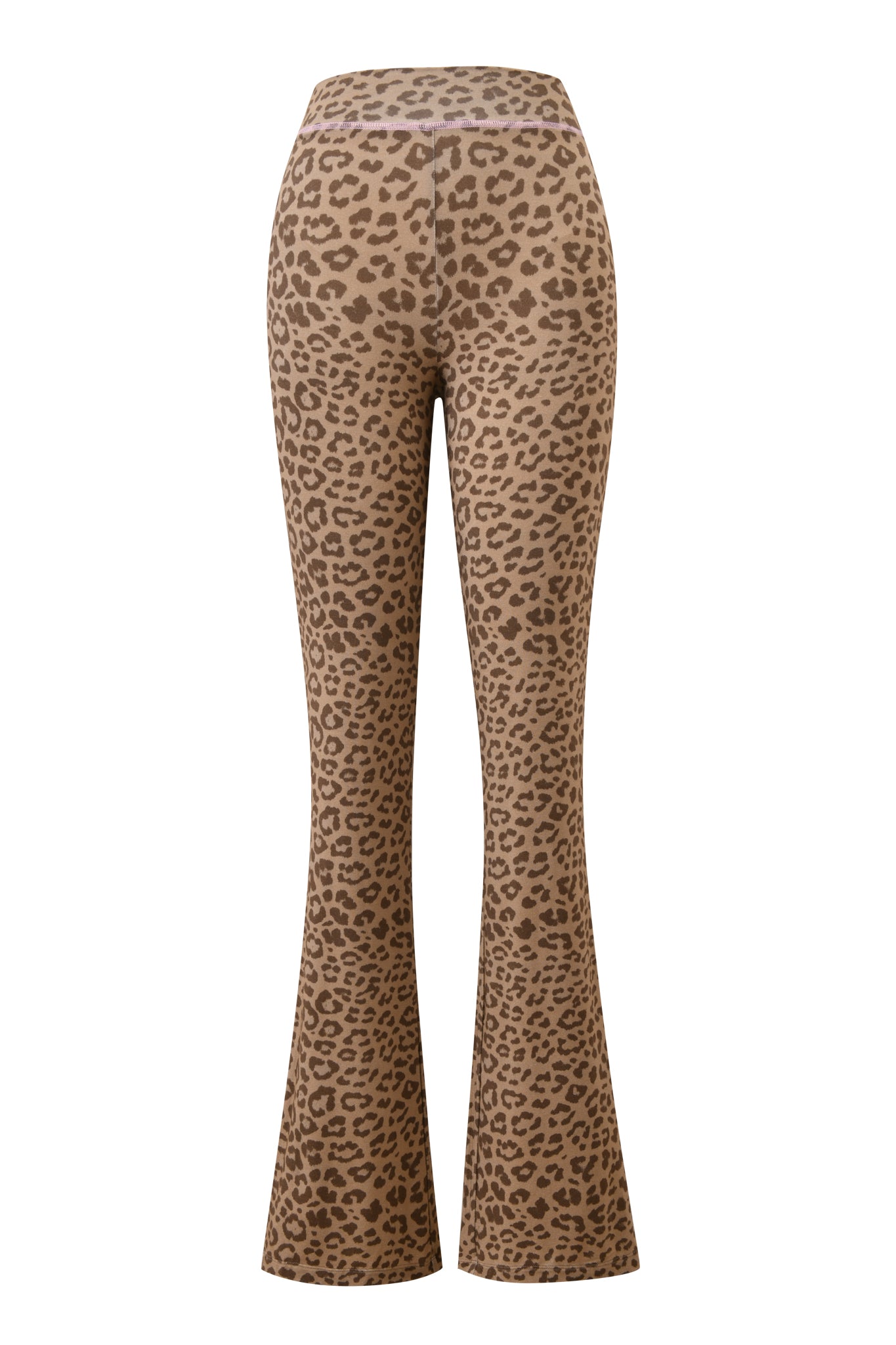 I.AM.GIA BLARE TRACKPANT - MOCHA LEOPARD features a high waist and fitted legs that flare at the bottom, shown from the back.