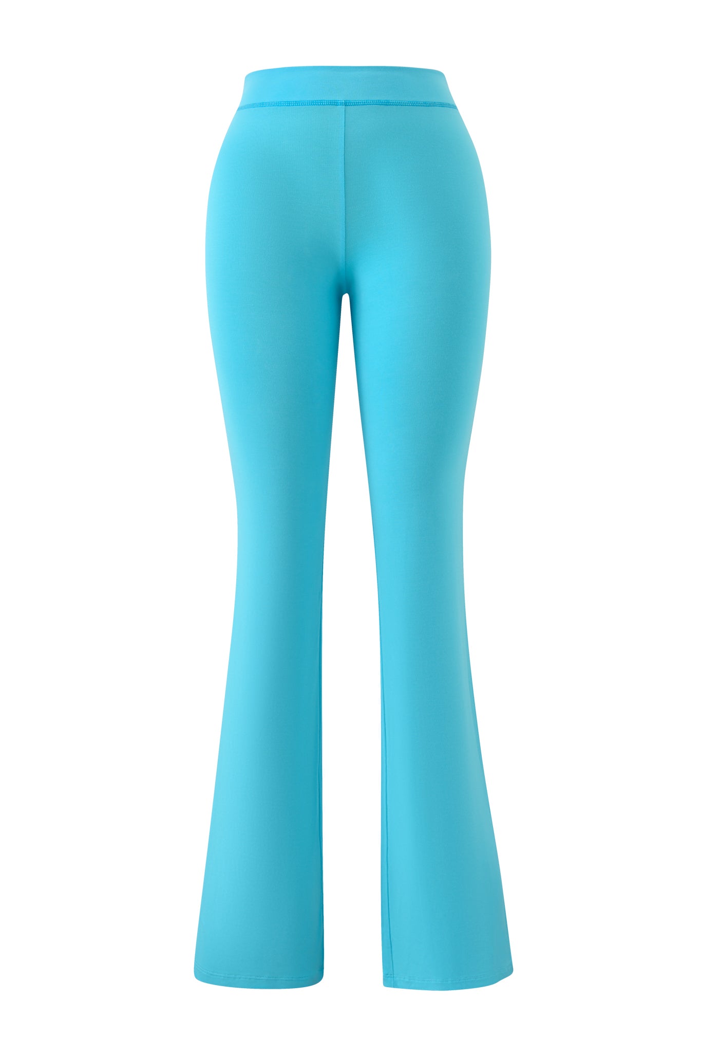 The I.AM.GIA BLARE TRACKPANT in neon blue features a smooth, fitted design through the hips and thighs with bold flared legs, shown from the back on a white background.