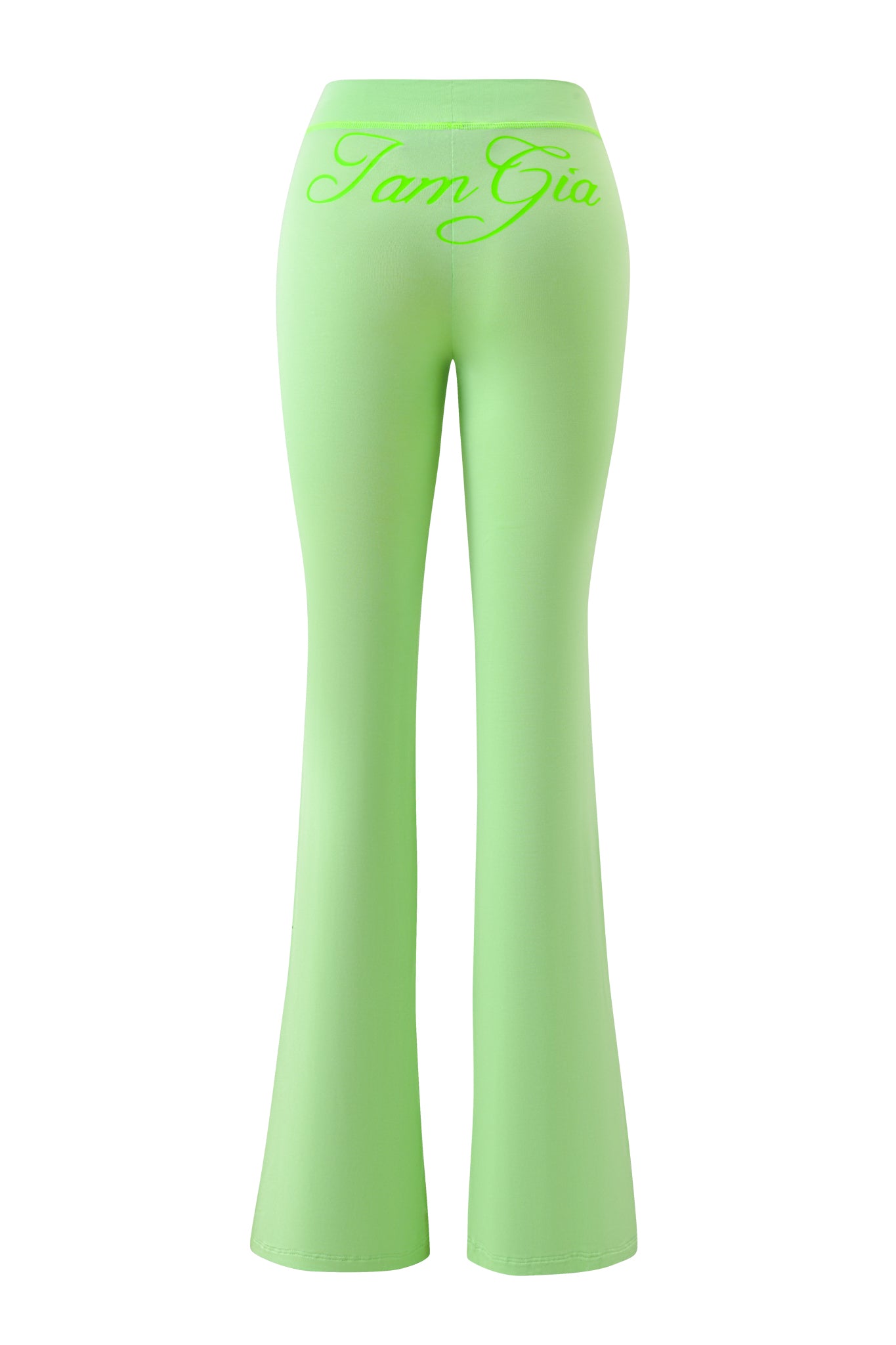 Back view of the BLARE TRACKPANT in neon green by I.AM.GIA, featuring a flared fit and the I.AM.GIA logo in cursive across the waistband.